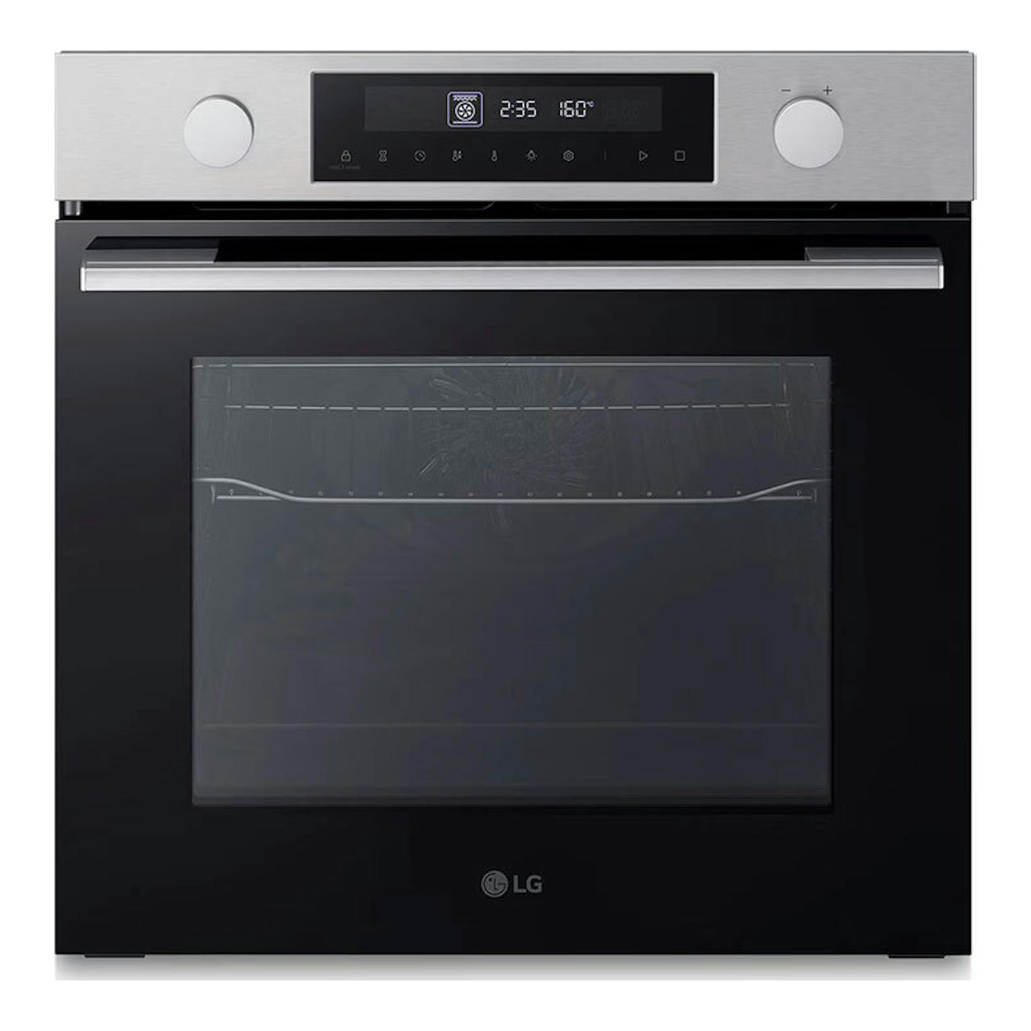 Horno empotrable LG WS5D7230S Inox, vista frontal, panel acero y puerta negra con cristal.