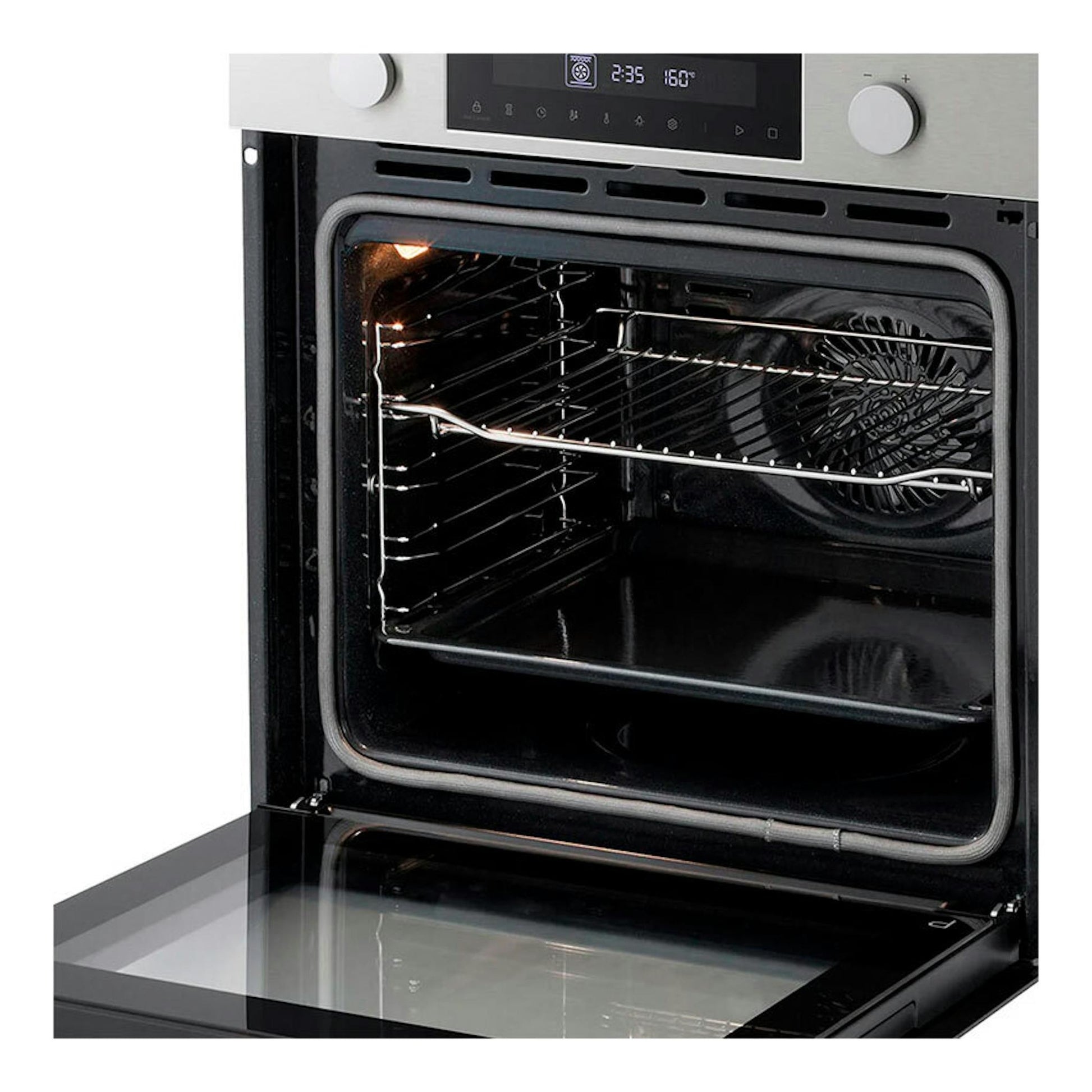 Horno LG WS5D7230S de acero inoxidable, puerta abatible abierta, interior negro con bandeja y rejilla.