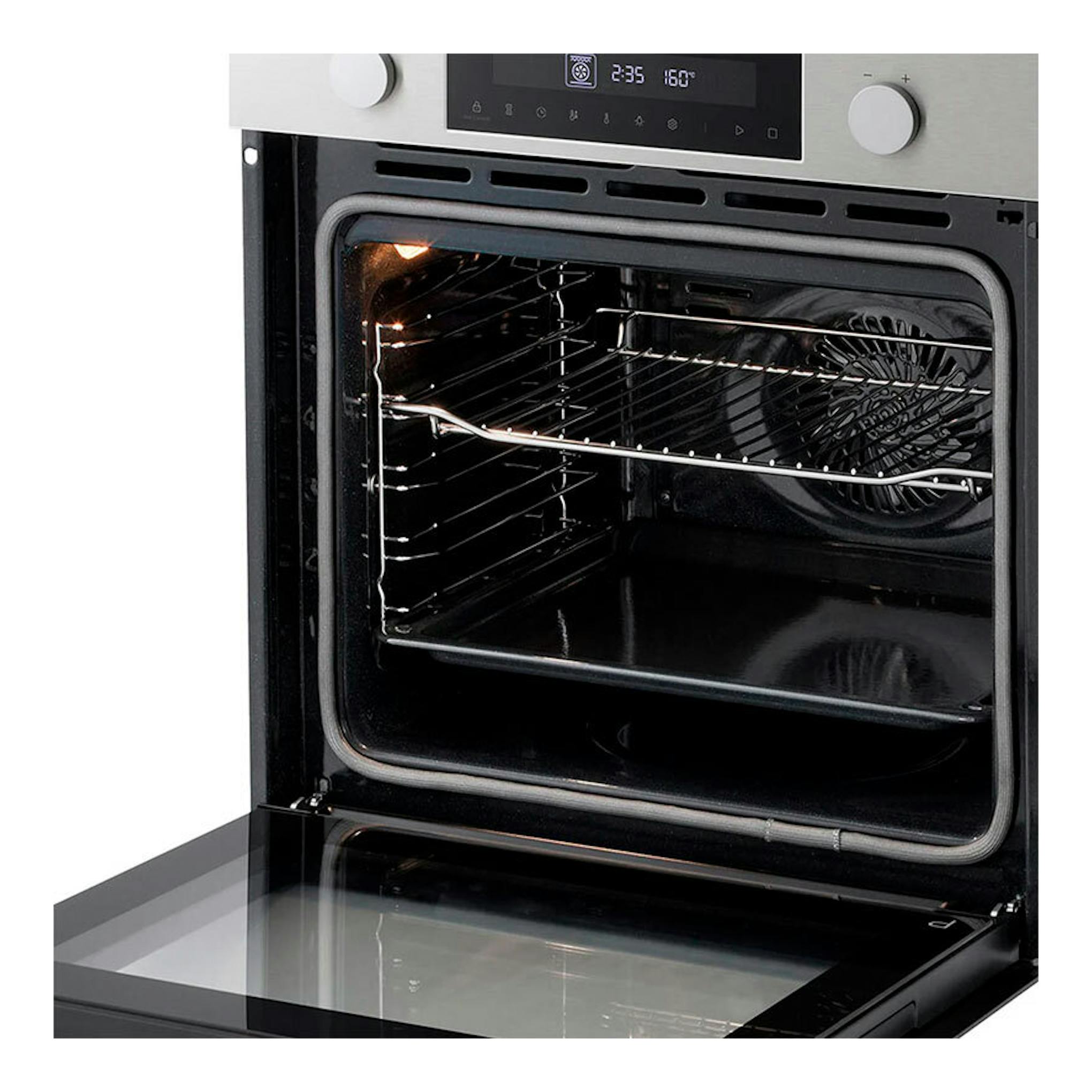 Horno LG WS5D7230S de acero inoxidable, puerta abatible abierta, interior negro con bandeja y rejilla.