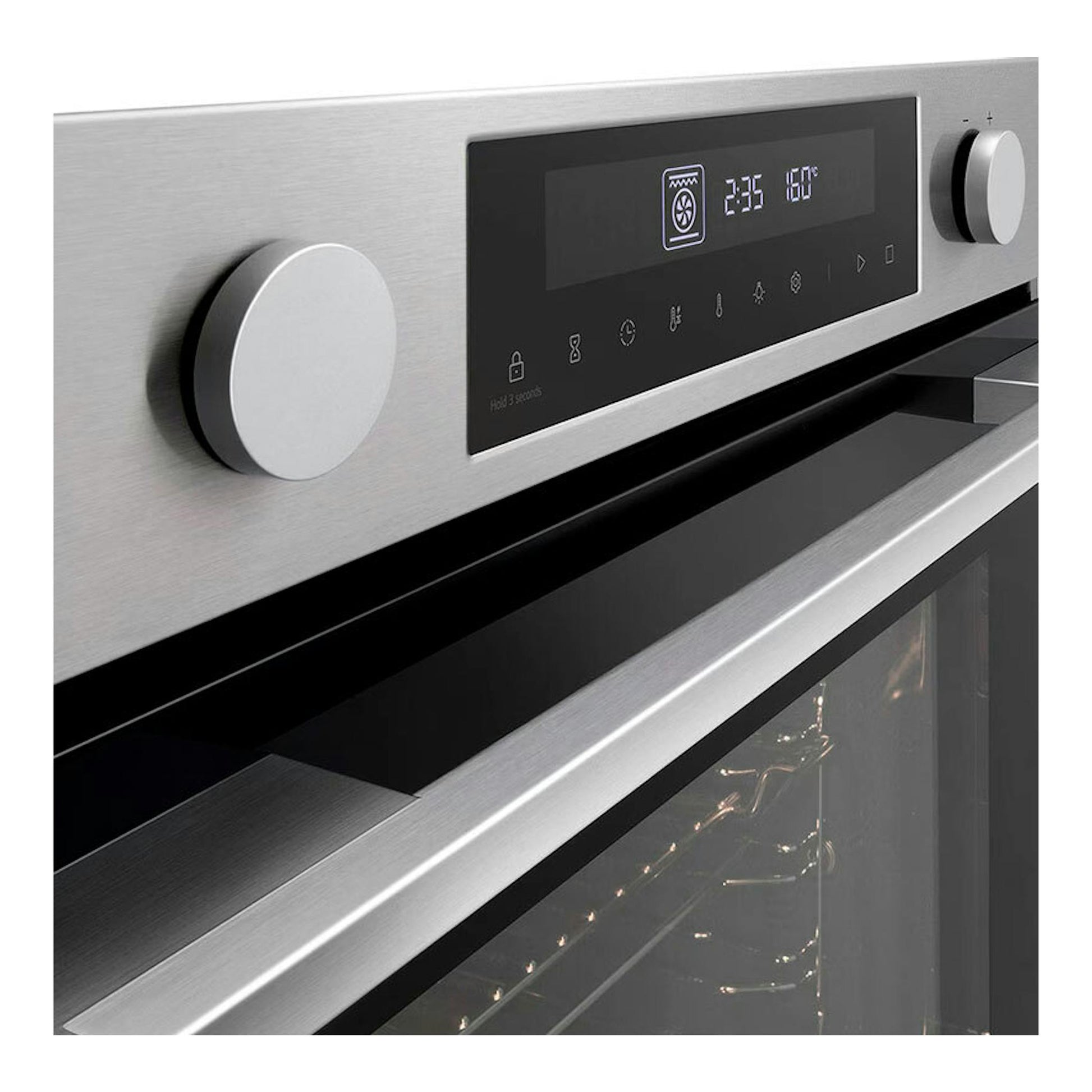 Horno LG WS5D7230S Inox, vista frontal en ángulo, panel digital y mandos, acabado acero inoxidable.
