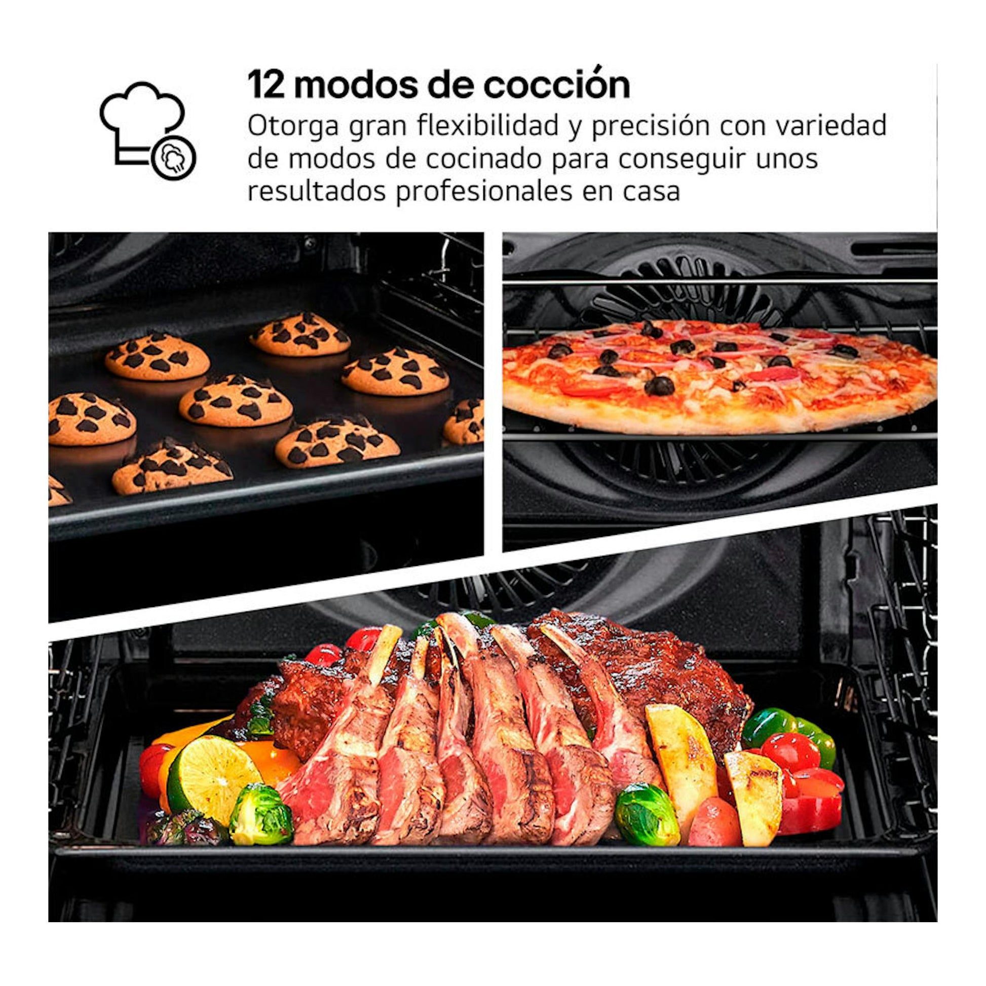 Horno LG WS5D7230S inox, vista frontal del interior con bandeja de galletas, pizza y asado con verduras.