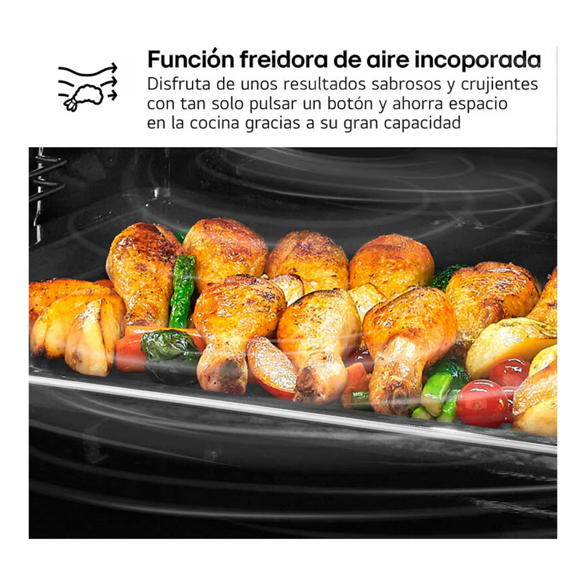 Horno LG WS5D7230S Inox, vista frontal del interior con pollo asado y verduras; texto sobre freidora de aire.