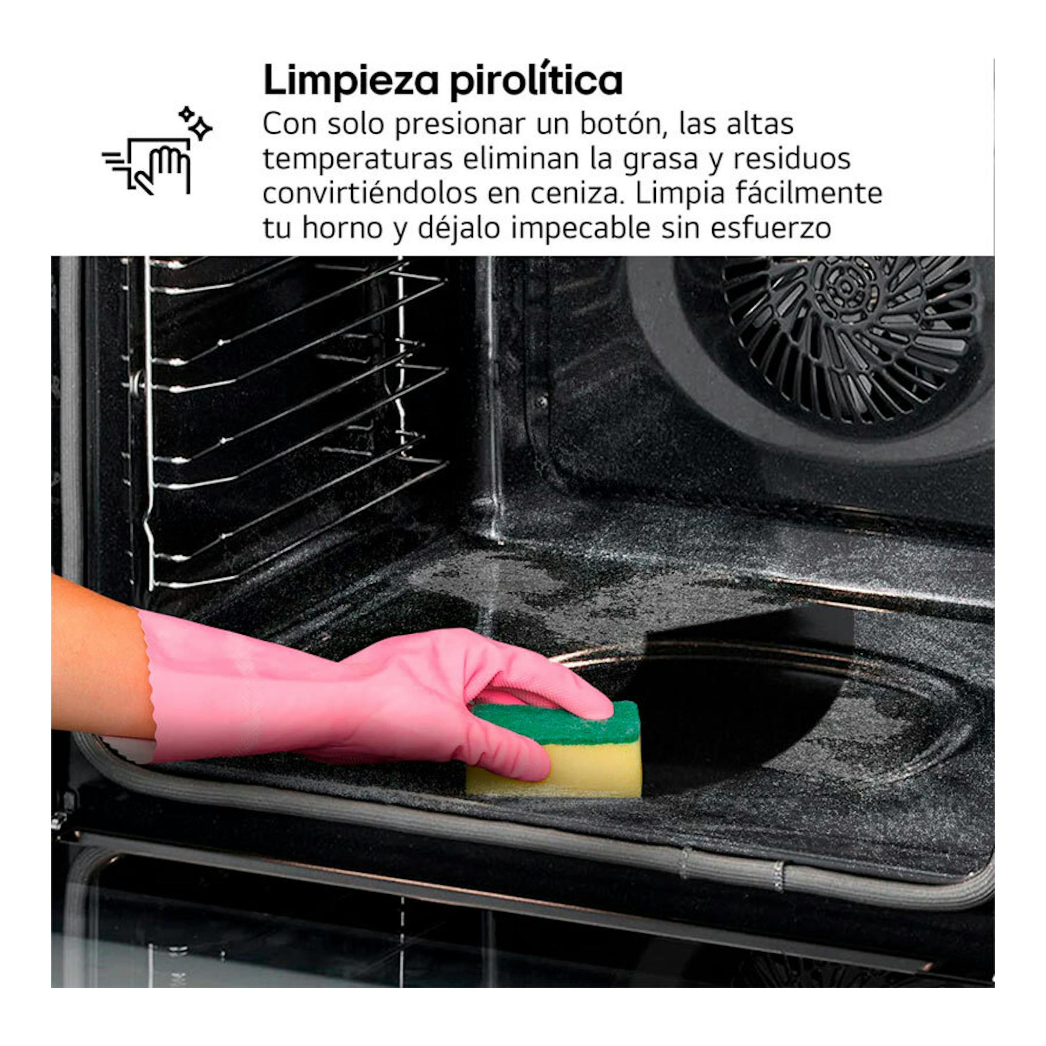 Horno LG WS5D7230S Inox, vista interior negra, con mano con guante rosa limpiando la base con una esponja.