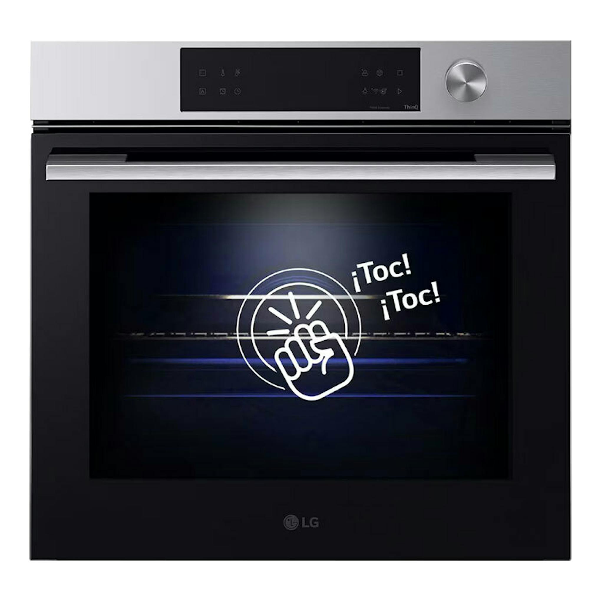 Horno LG WSED7612S inox, vista frontal, puerta de cristal negro y panel superior en acero con mando circular.