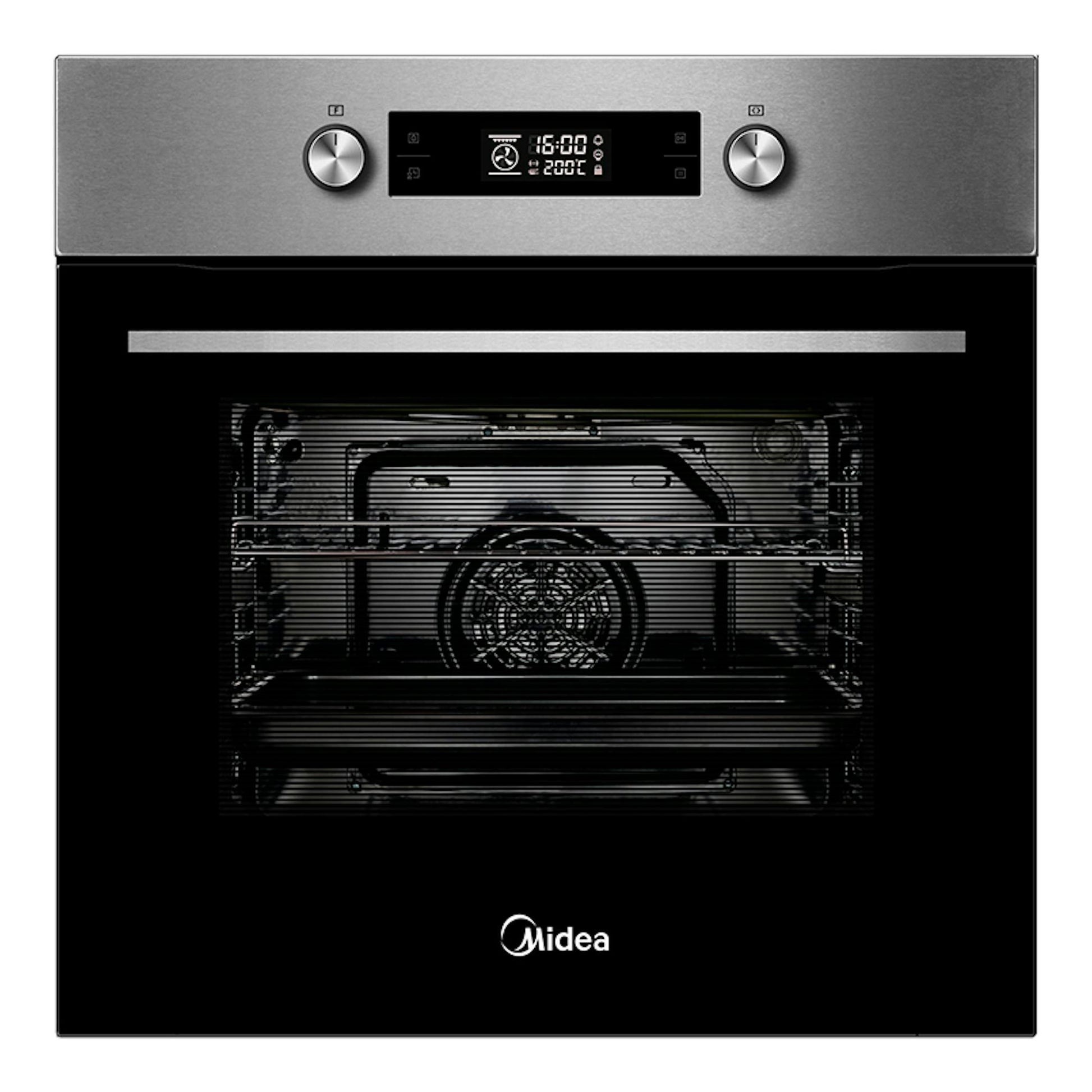 Horno Midea 65P90E3IX inox, vista frontal, panel digital negro con dos mandos y puerta de vidrio negro.
