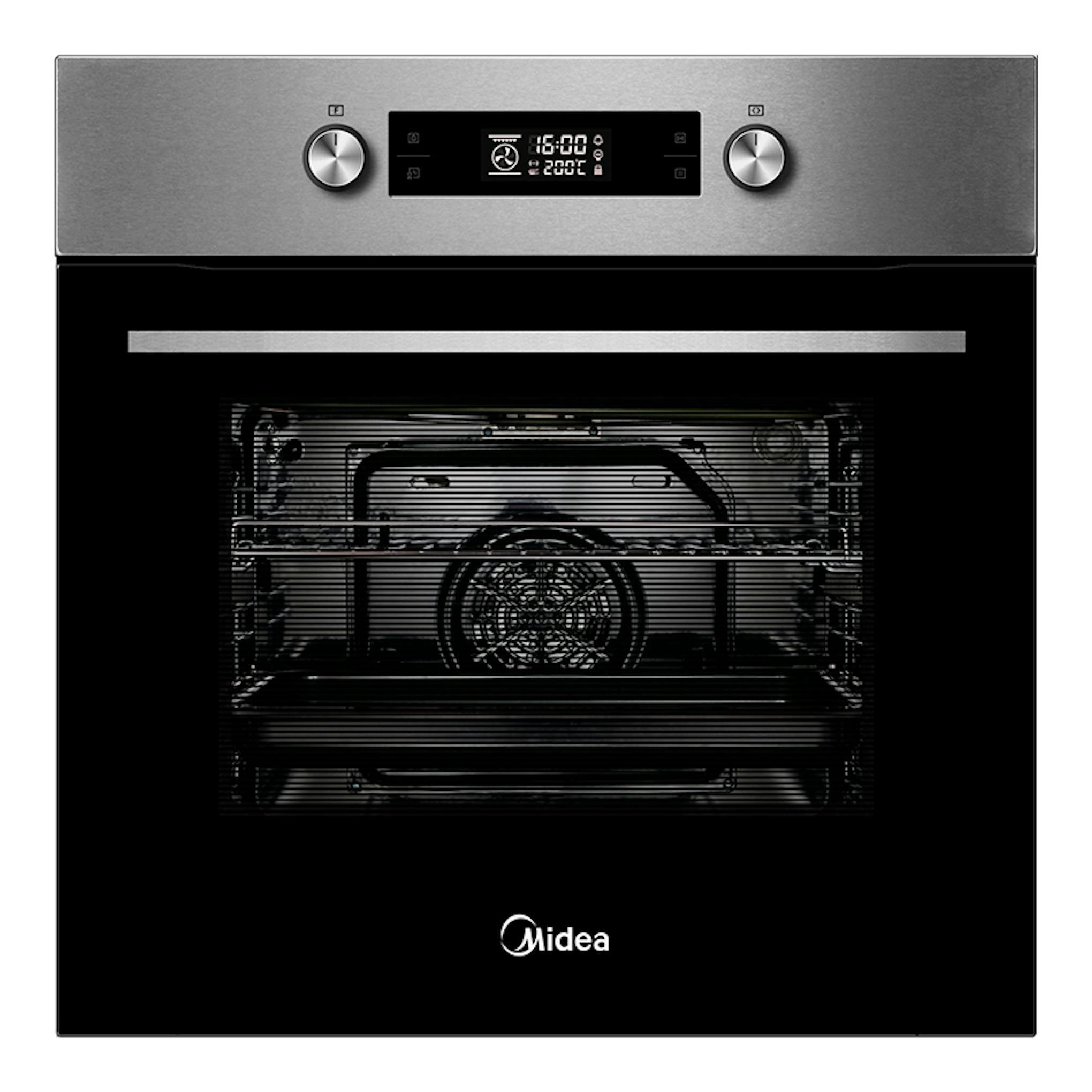 Horno Midea 65P90E3IX inox, vista frontal, panel digital negro con dos mandos y puerta de vidrio negro.
