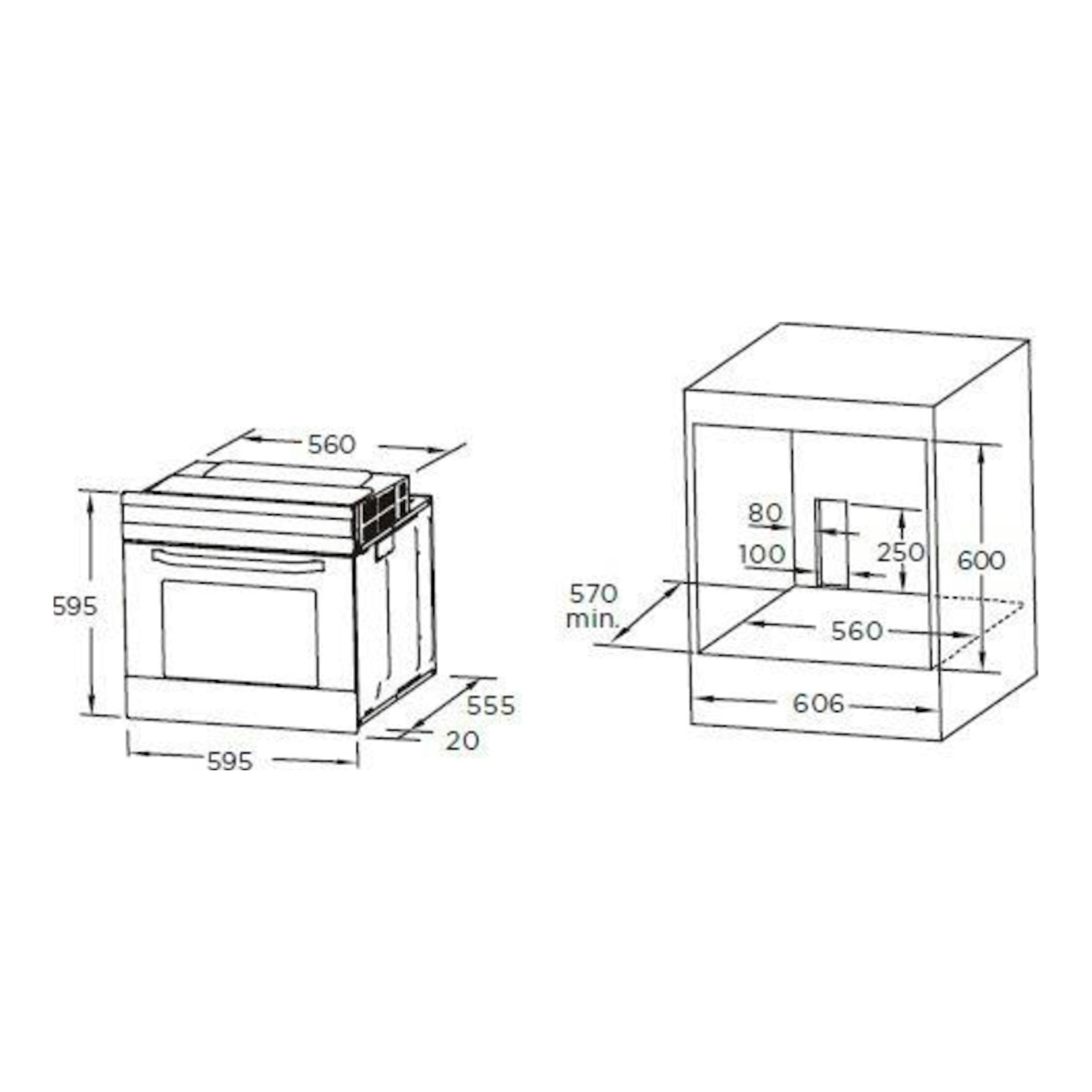Esquema técnico del horno empotrable Midea 65P90E3IX inox, con vistas frontal y de instalación y medidas.