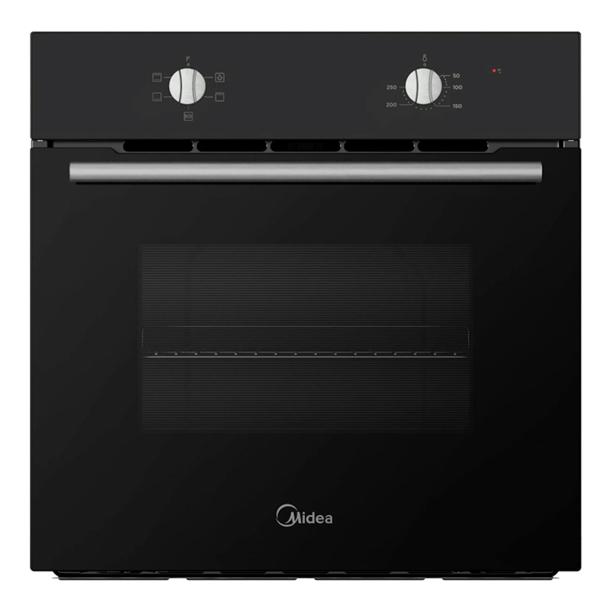 Horno Midea MBO65M40-BK ST Inox negro, vista frontal con puerta de vidrio y perillas plateadas.