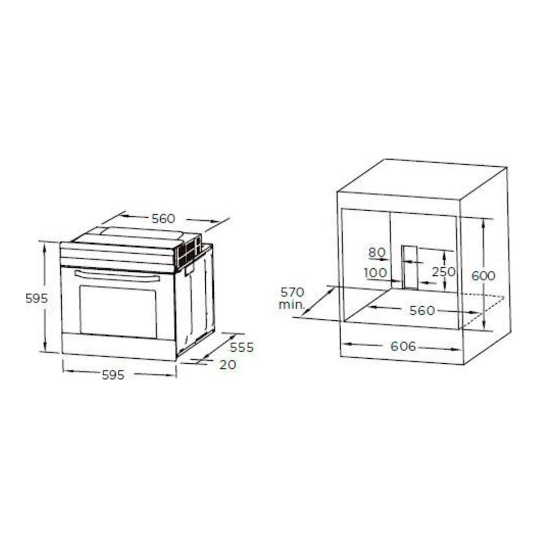 Dibujo técnico del horno Midea MBO65M40-BK ST Inox, con vistas frontal y lateral y medidas de instalación.