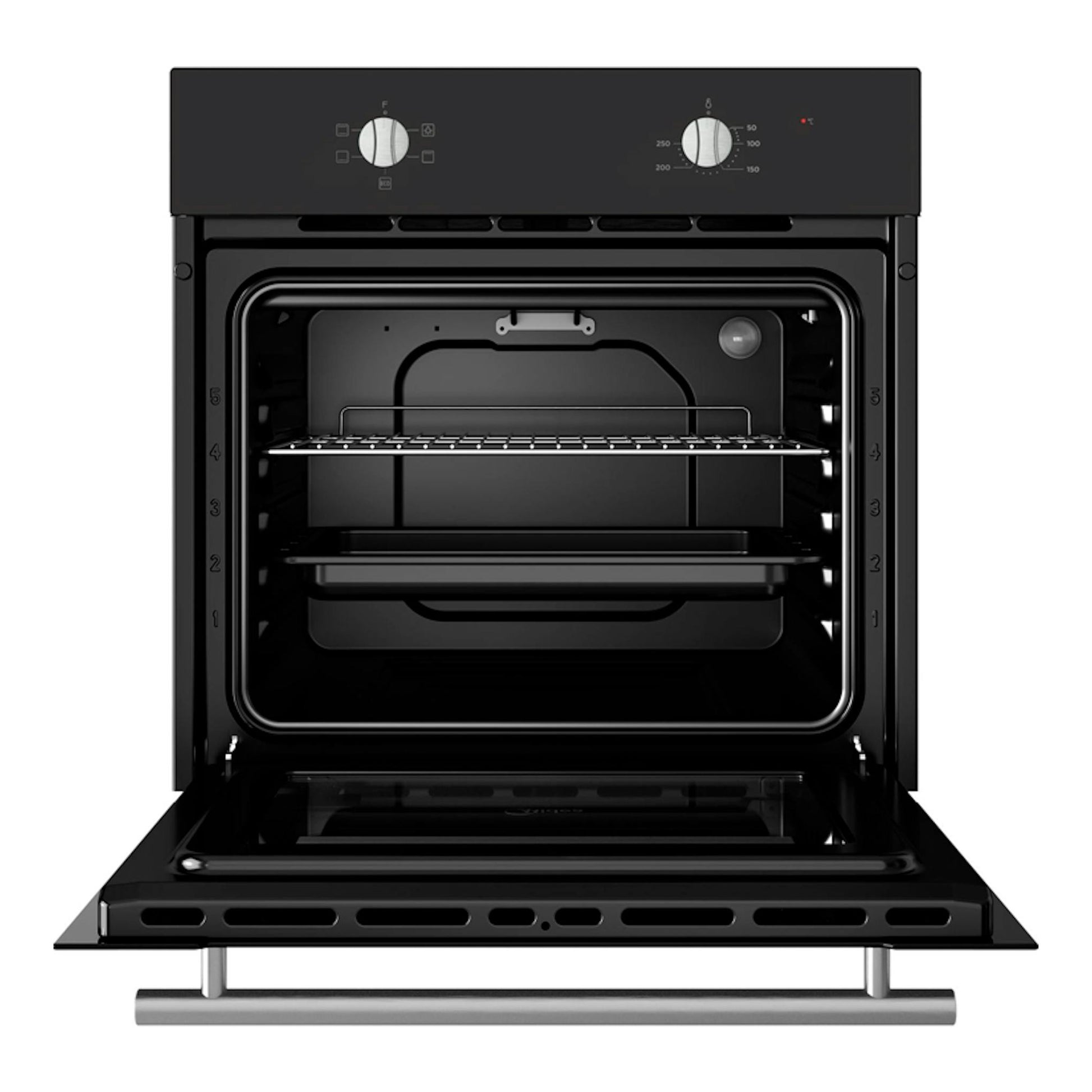Horno Midea MBO65M40-BK ST Inox negro, vista frontal con la puerta abierta y mandos superiores.