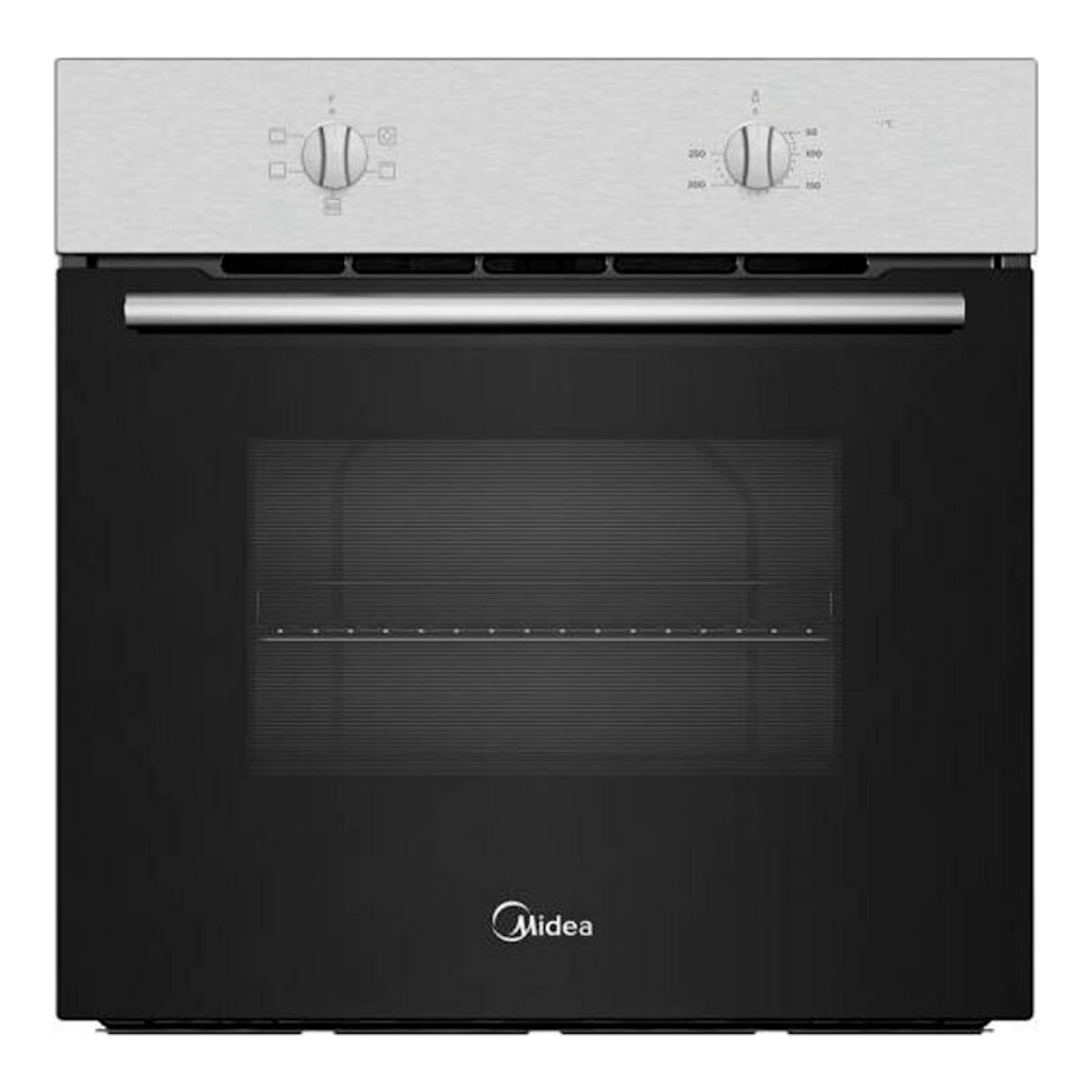 Horno Midea MBO65M40-X-ST gris, vista frontal, puerta negra y panel superior plateado con dos perillas.