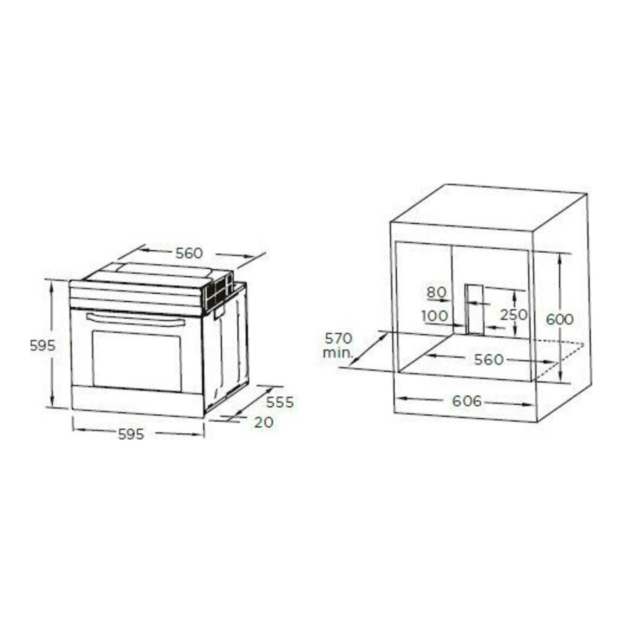 Esquema técnico del horno Midea MBO65M40-X-ST gris, con vista frontal y de instalación y medidas en milímetros.