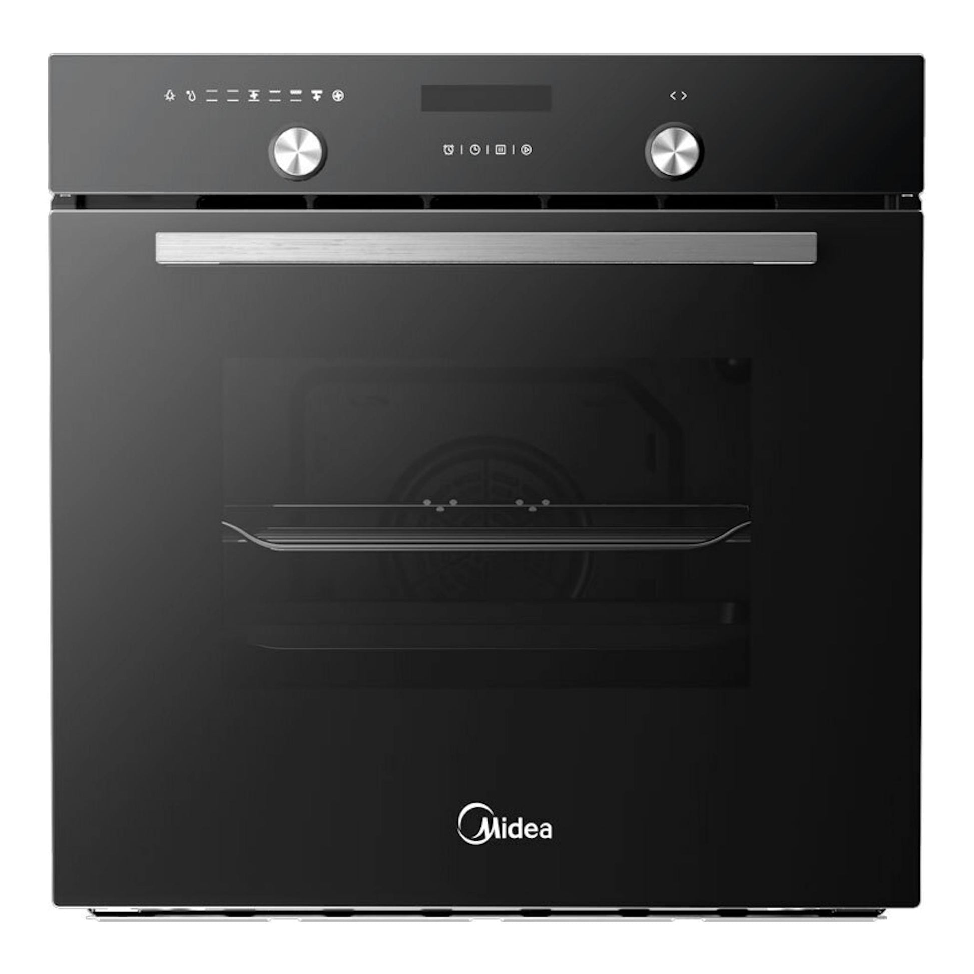 Horno empotrable Midea MBON5M90E5-BK negro, vista frontal, con dos mandos plateados y puerta de vidrio.