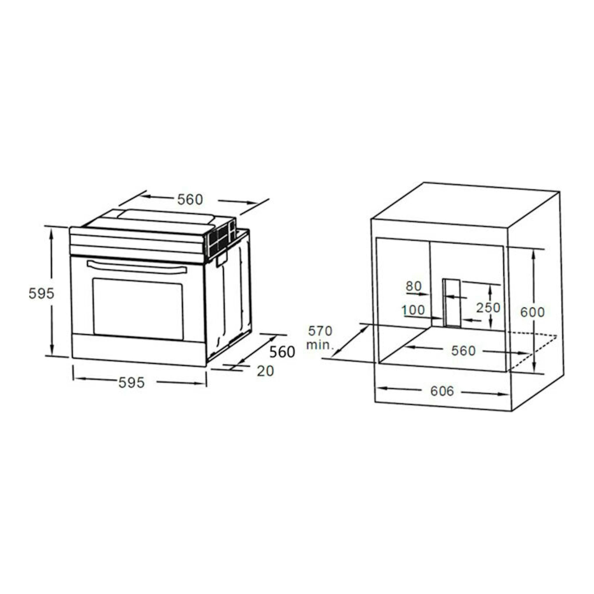 Esquema técnico del horno Midea MBON5M90E5-BK negro, vista frontal y de instalación con medidas.