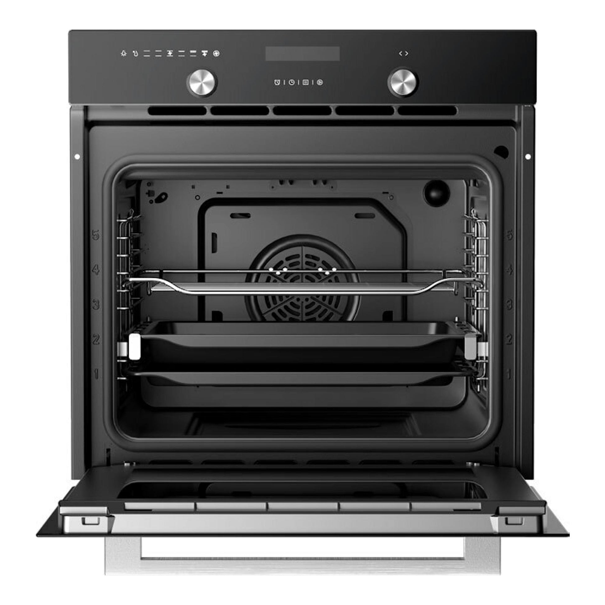 Horno Midea MBON5M90E5-BK negro, vista frontal con puerta abierta e interior visible.