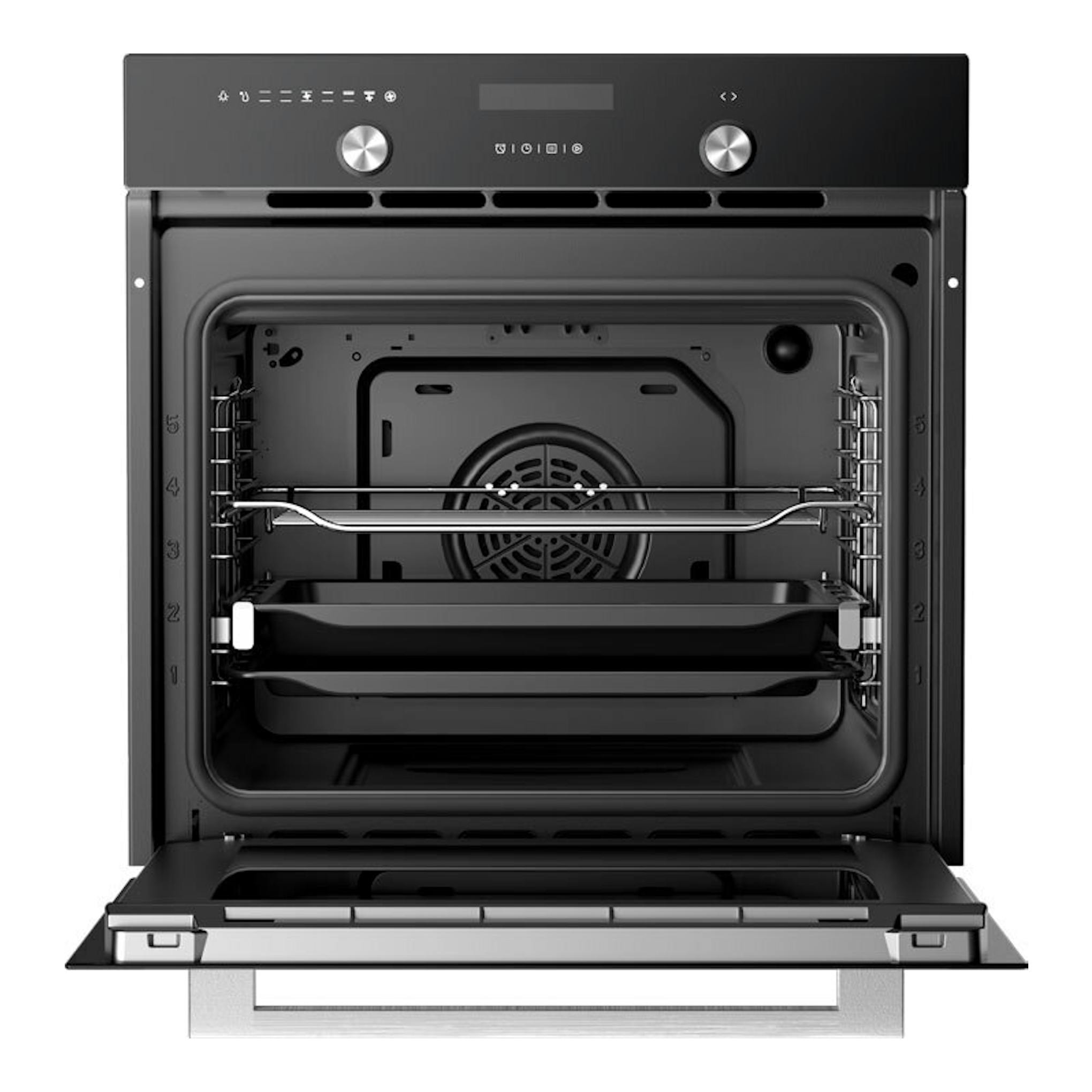 Horno Midea MBON5M90E5-BK negro, vista frontal con puerta abierta e interior visible.
