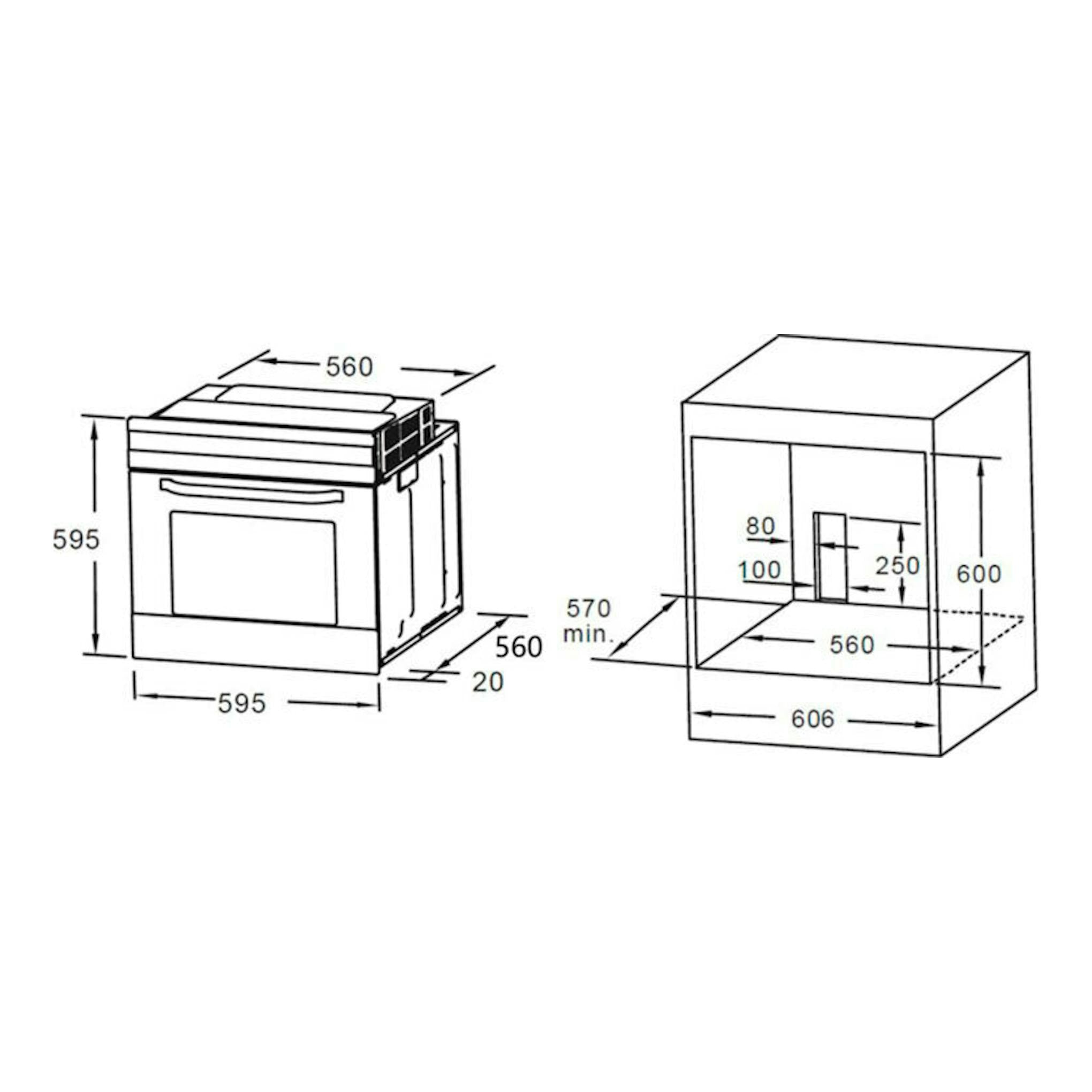 Diagrama técnico del horno Midea MBON5M90E5-WH blanco, con medidas de hueco e instalación.