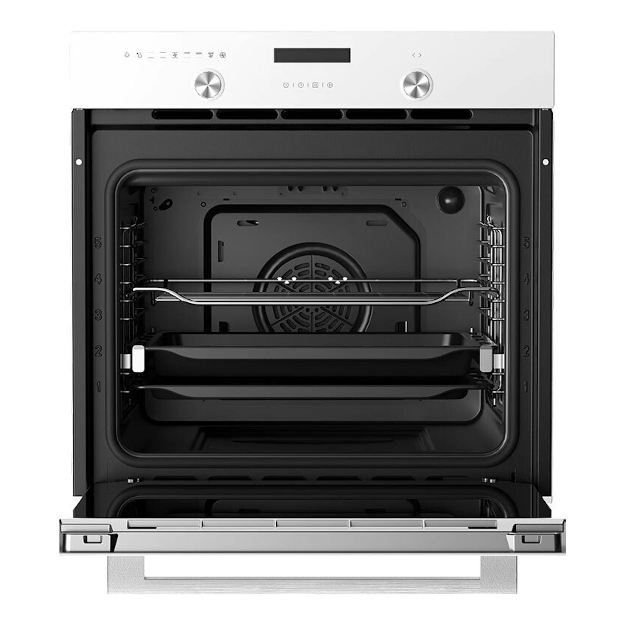 Horno empotrable Midea MBON5M90E5-WH blanco, vista frontal con puerta abierta e interior negro.
