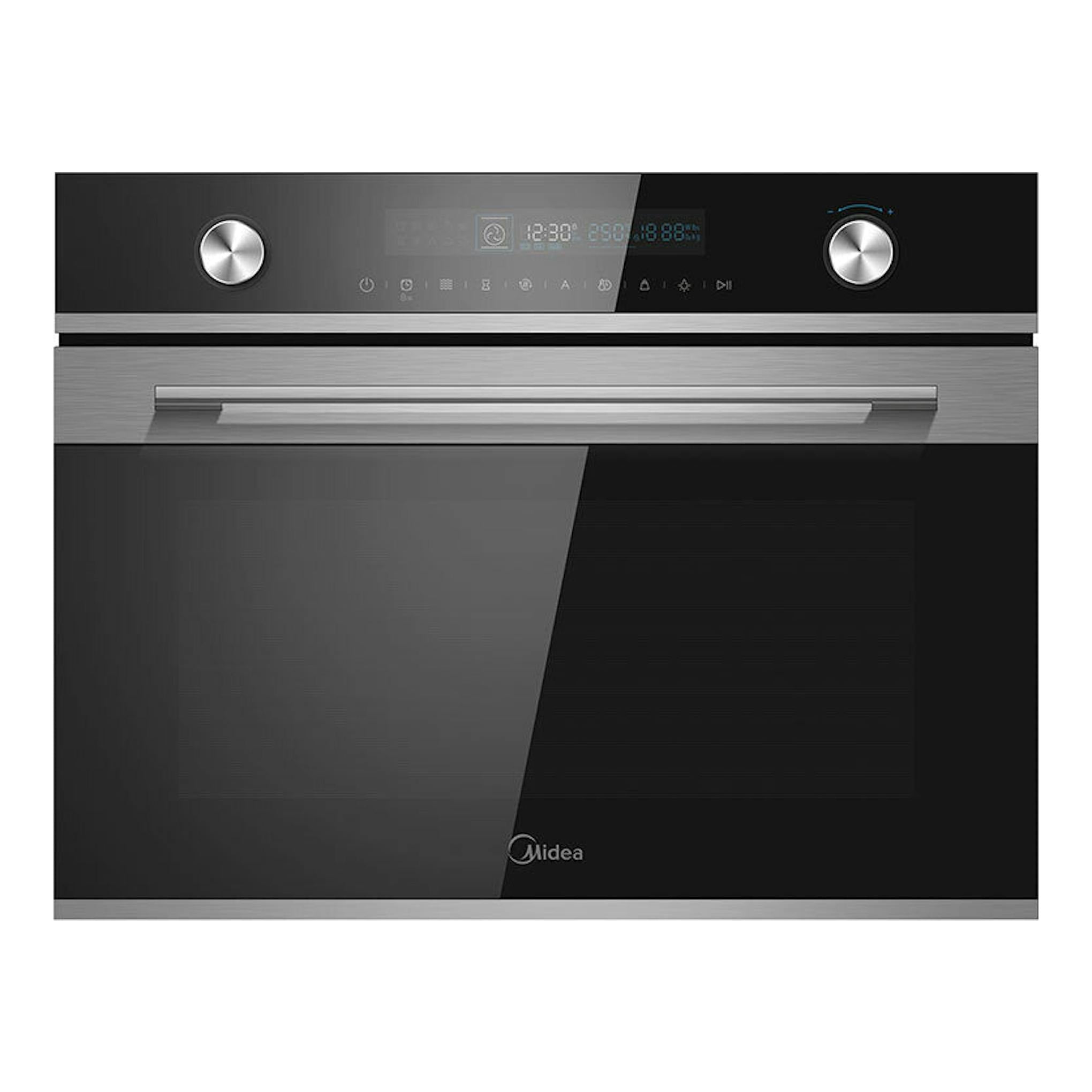 Horno empotrable Midea MCO4550TMM negro, vista frontal, con panel digital y dos mandos plateados.