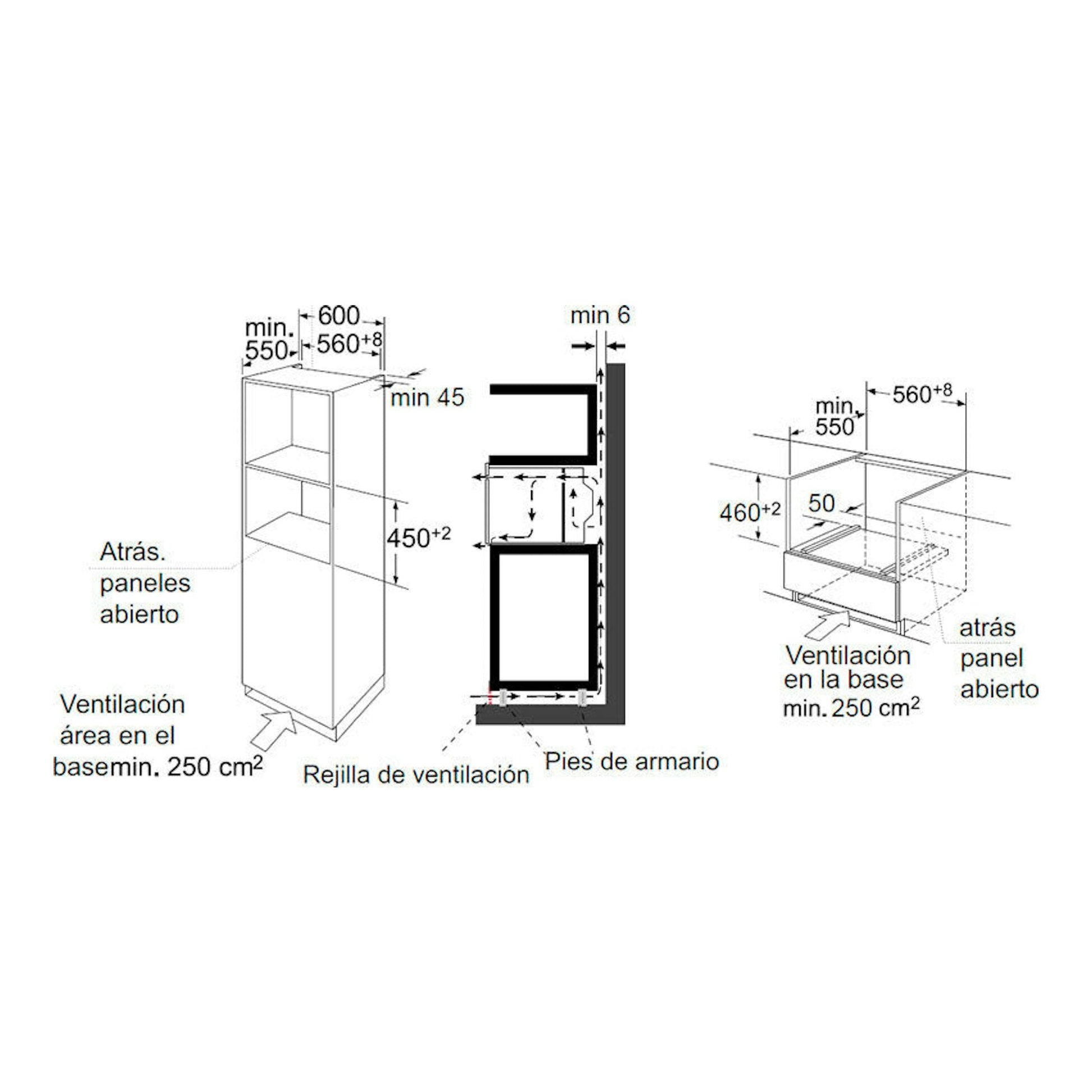 Diagrama de instalación del horno Midea MCO4550TMM negro, con medidas y ventilación del mueble.