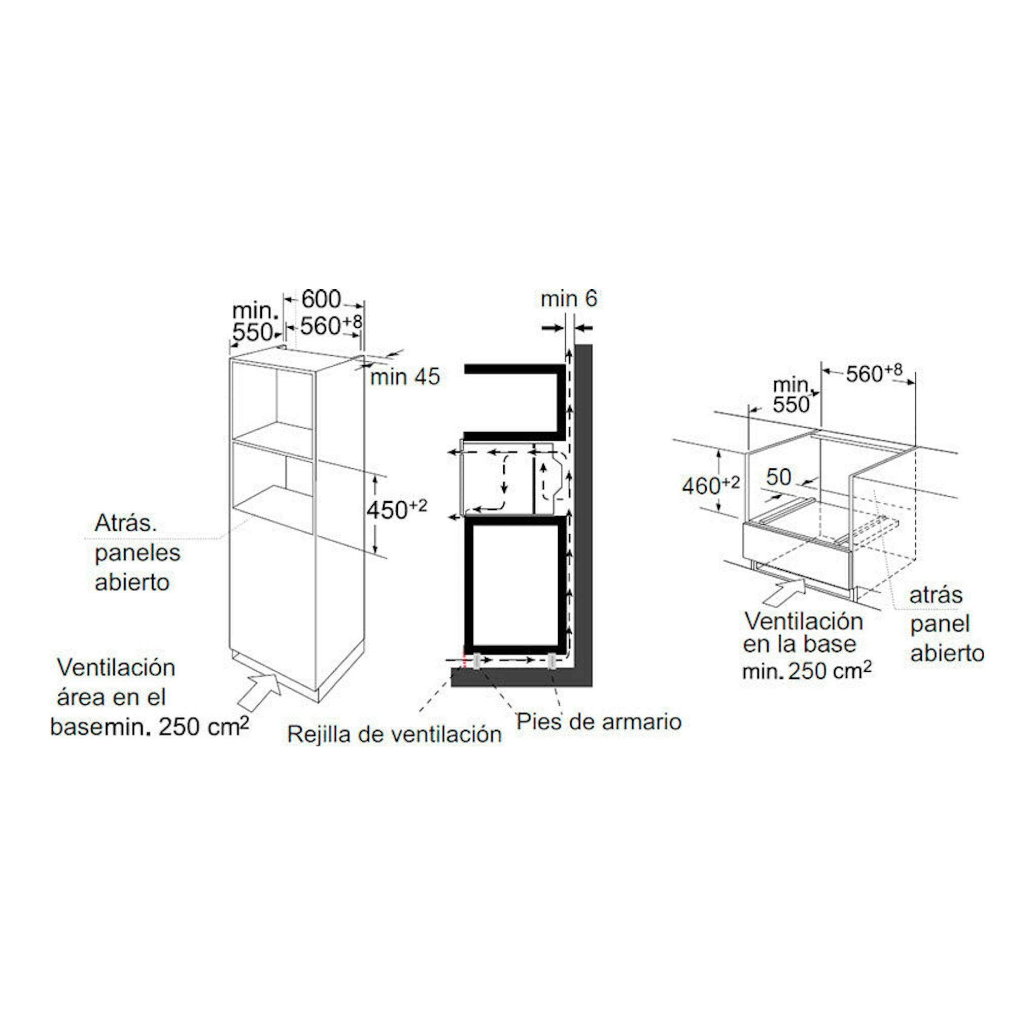Diagrama de instalación del horno Midea MCO4550TMM negro, con medidas y ventilación del mueble.