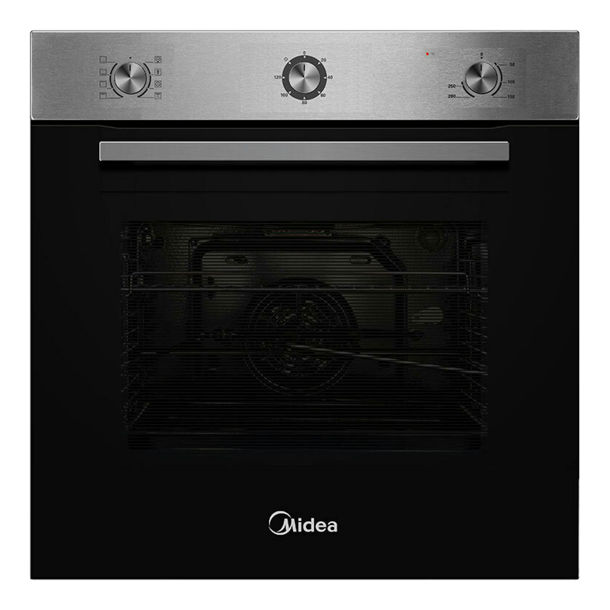 Horno empotrable Midea MCO6070MMAJ, vista frontal, cristal negro y panel superior metálico con tres perillas.