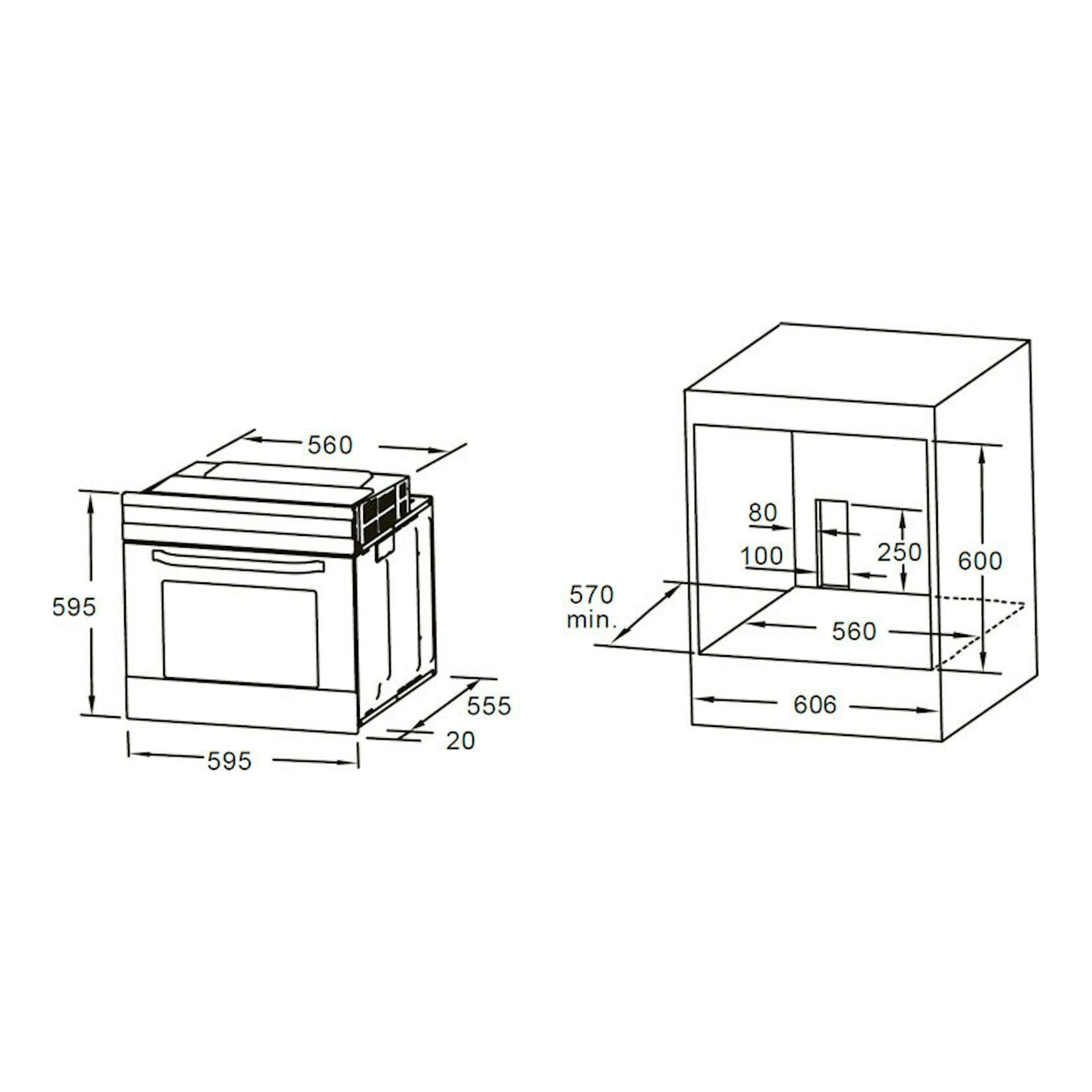 Diagrama técnico del horno Midea MCO6070MMAJ negro, con vistas frontal y de encastre y medidas.