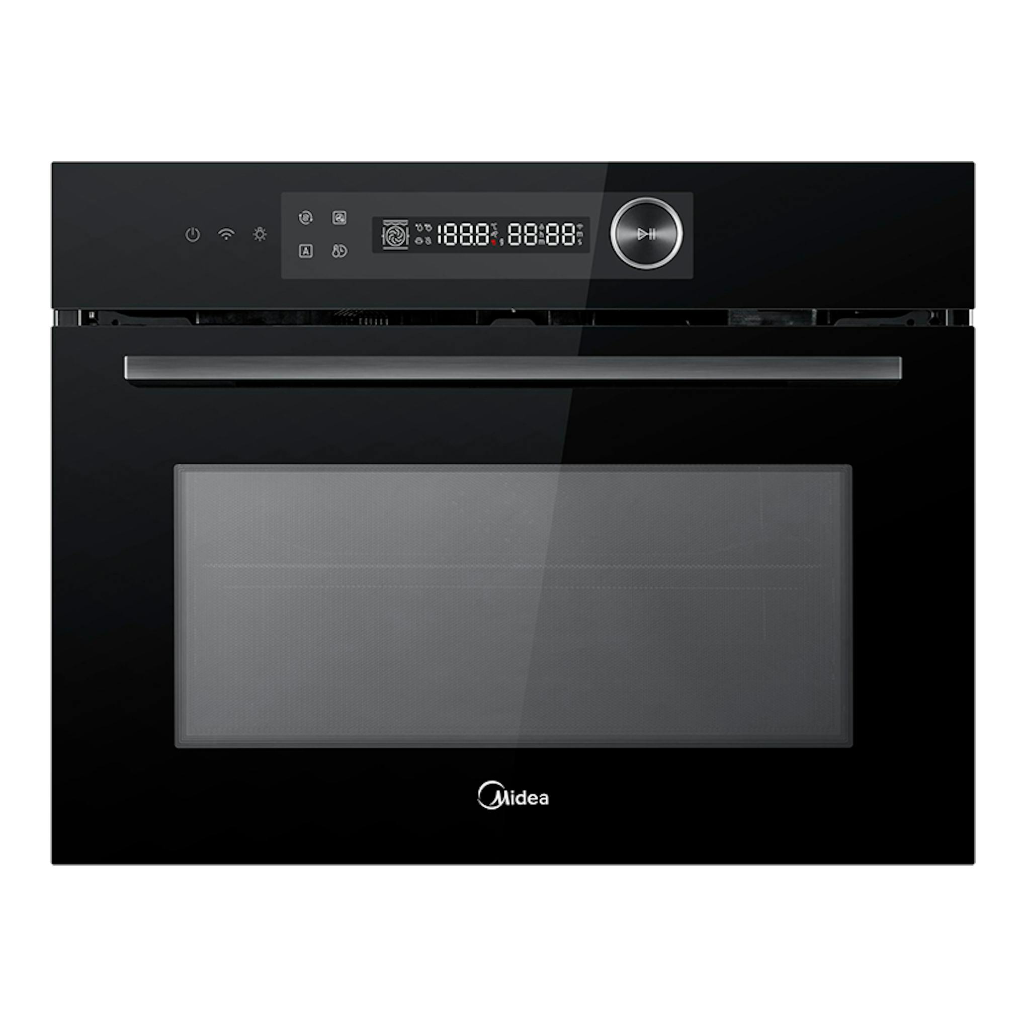 Horno empotrable Midea MCOTV950E4MO-BK negro, vista frontal con panel digital y puerta de vidrio.