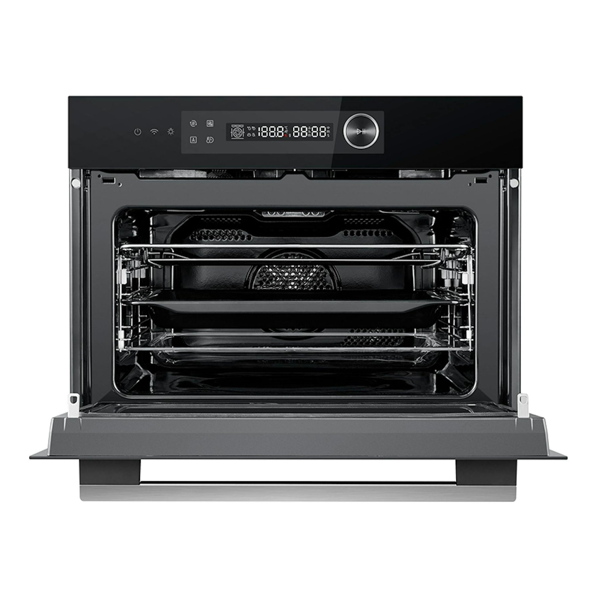 Horno Midea MCOTV950E4MO-BK negro, vista frontal con la puerta abatida y panel digital.