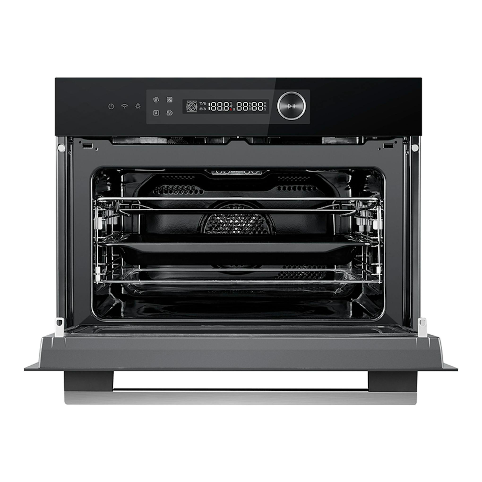 Horno Midea MCOTV950E4MO-BK negro, vista frontal con la puerta abatida y panel digital.