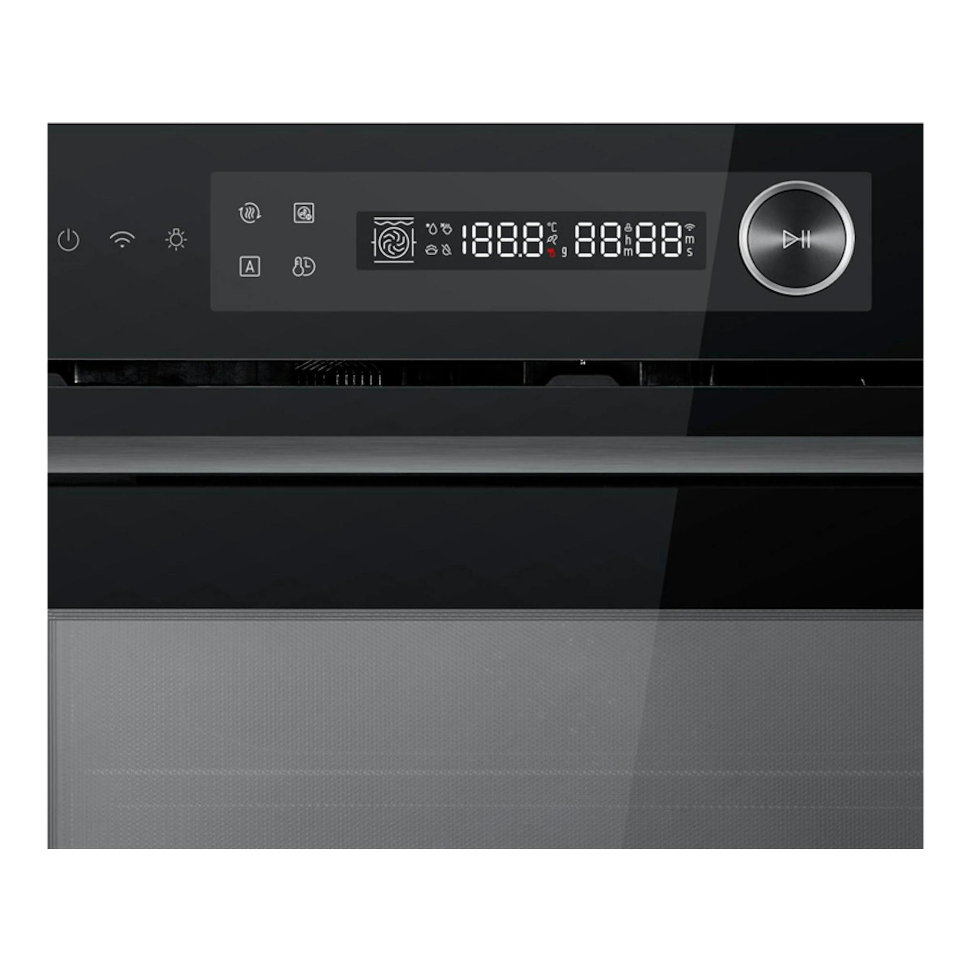 Horno Midea MCOTV950E4MO-BK negro, vista frontal, con panel digital y puerta de vidrio.