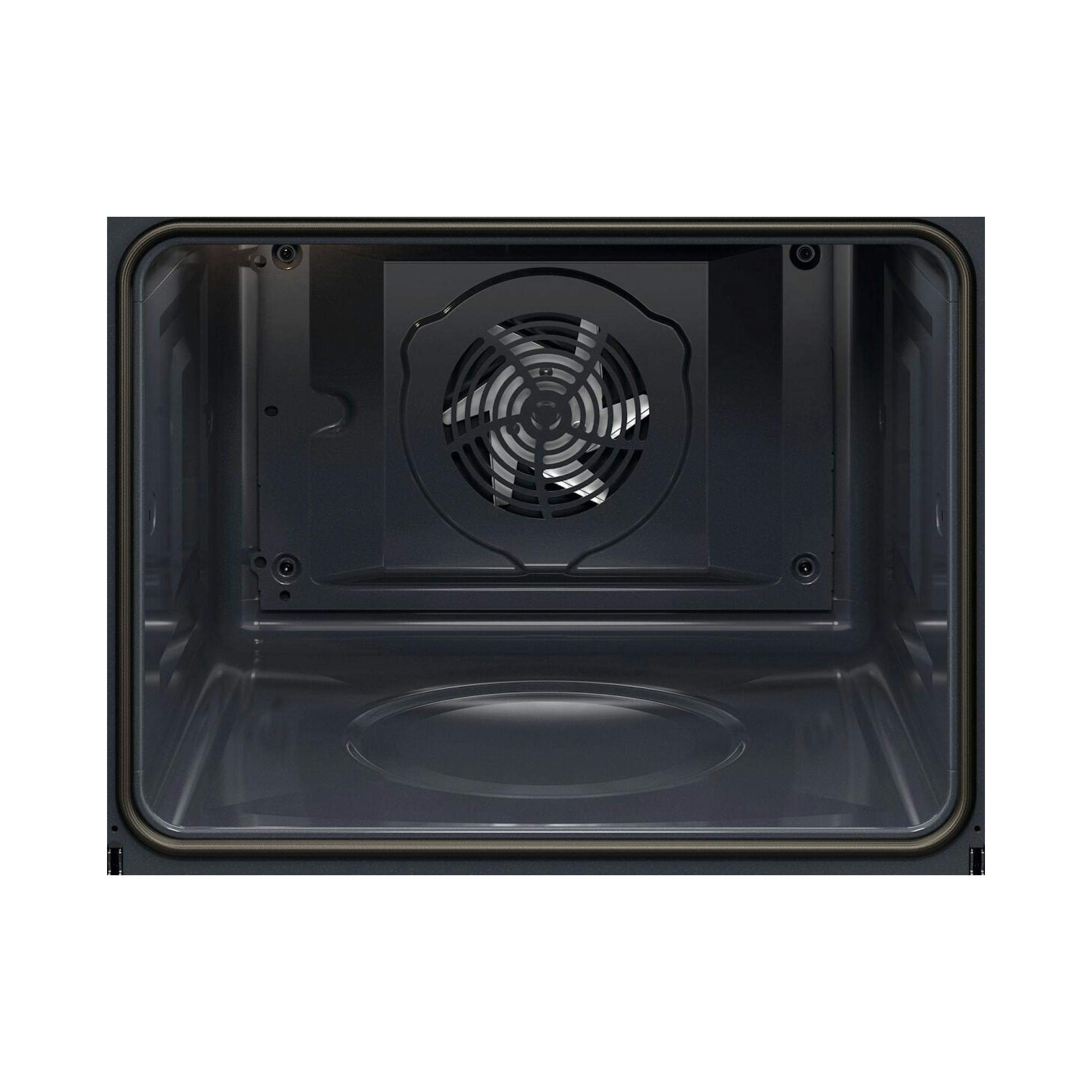Interior de horno AEG TU5PB41ZPB negro, vista frontal de la cavidad con ventilador trasero.