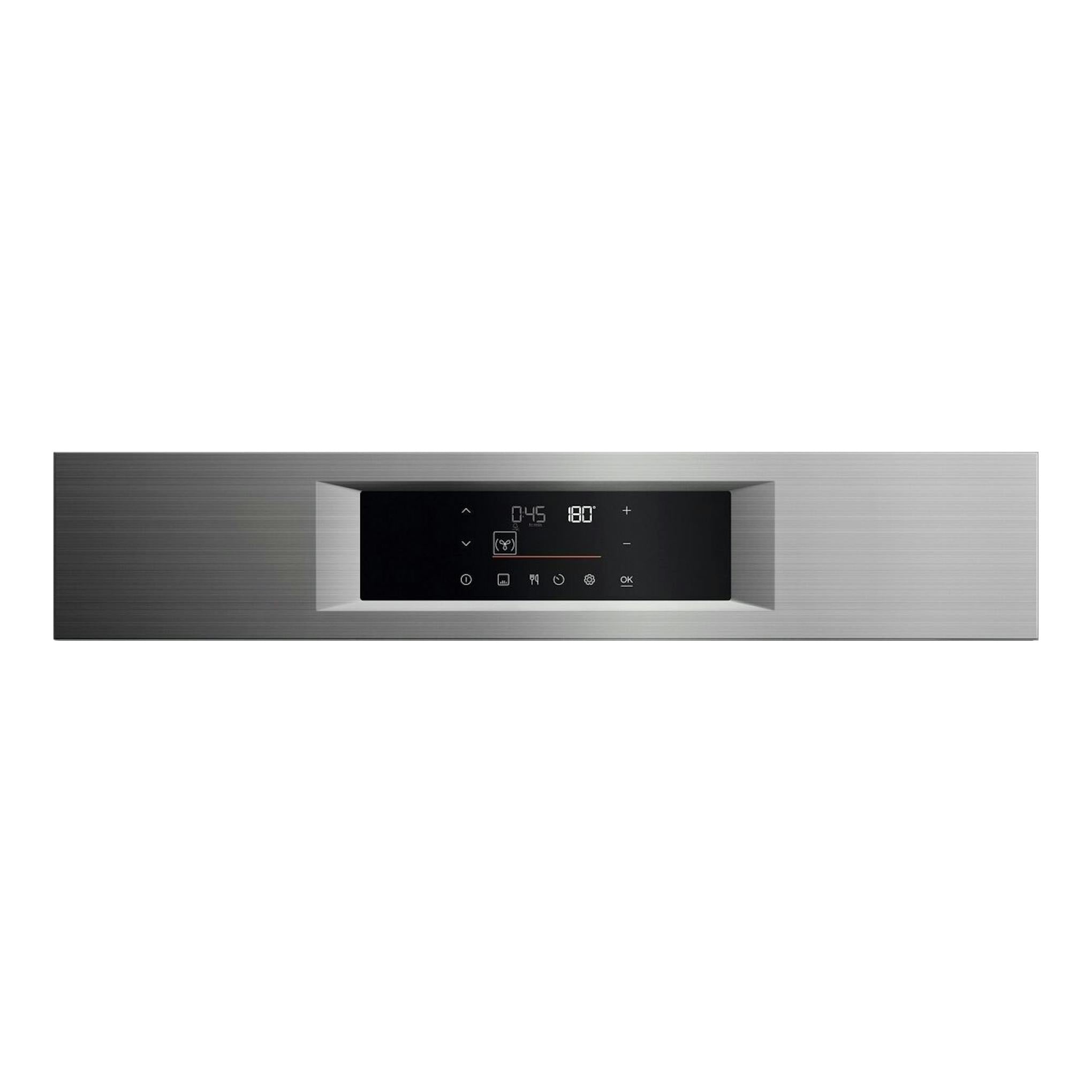 Horno empotrable AEG OU5PB43PM en acero inoxidable, vista frontal del panel táctil negro.