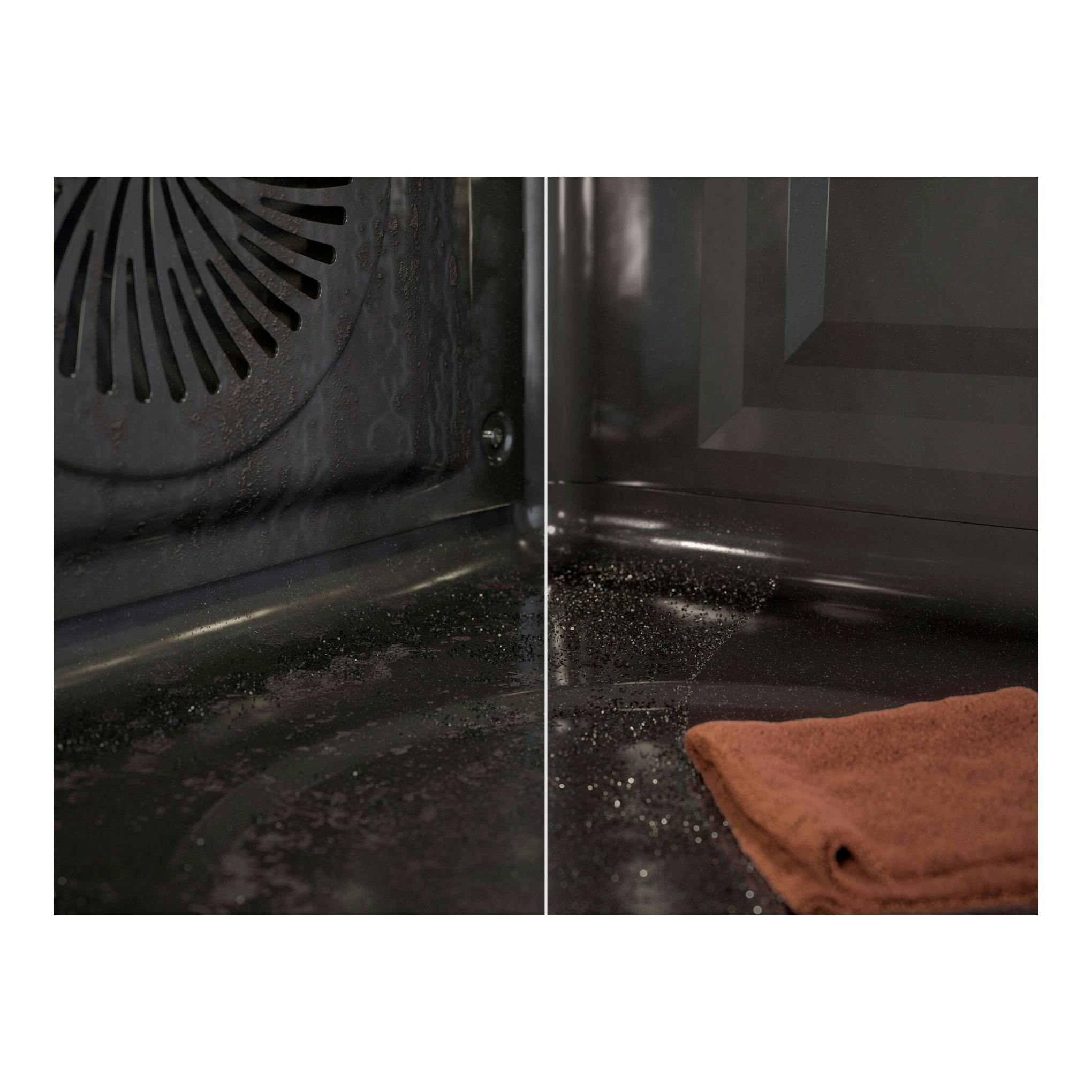 Interior de horno AEG GU5PB43FPM negro, vista cercana del ventilador y la cavidad, con un paño en la bandeja.