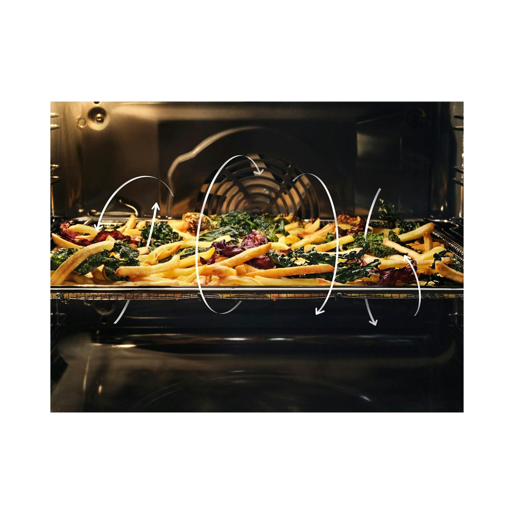 Horno multifunción AEG TU5PB41ZPB, interior negro con bandeja de verduras y patatas.