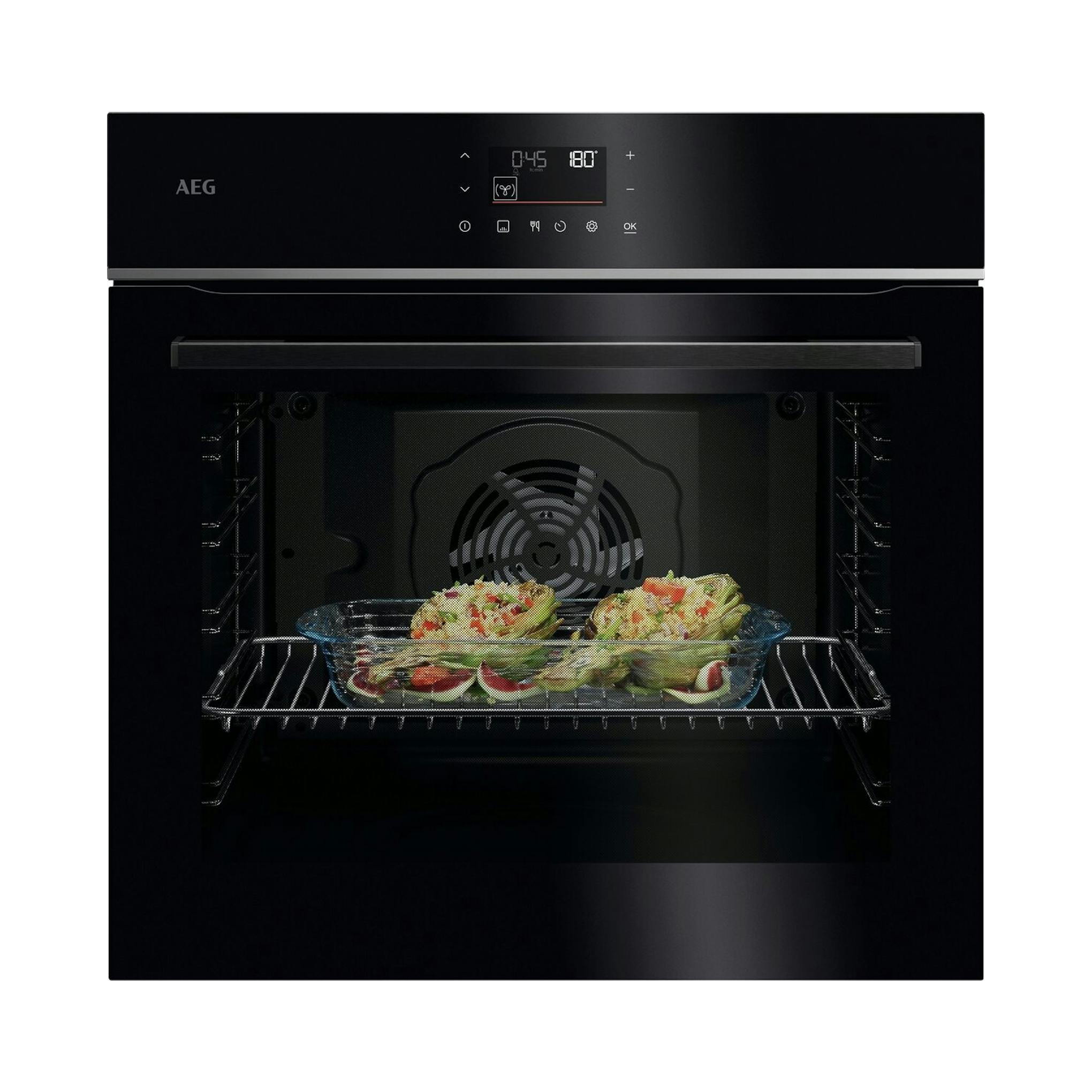 Horno AEG TU5PB41ZPB negro, vista frontal con la puerta abierta y bandeja con comida en el interior.