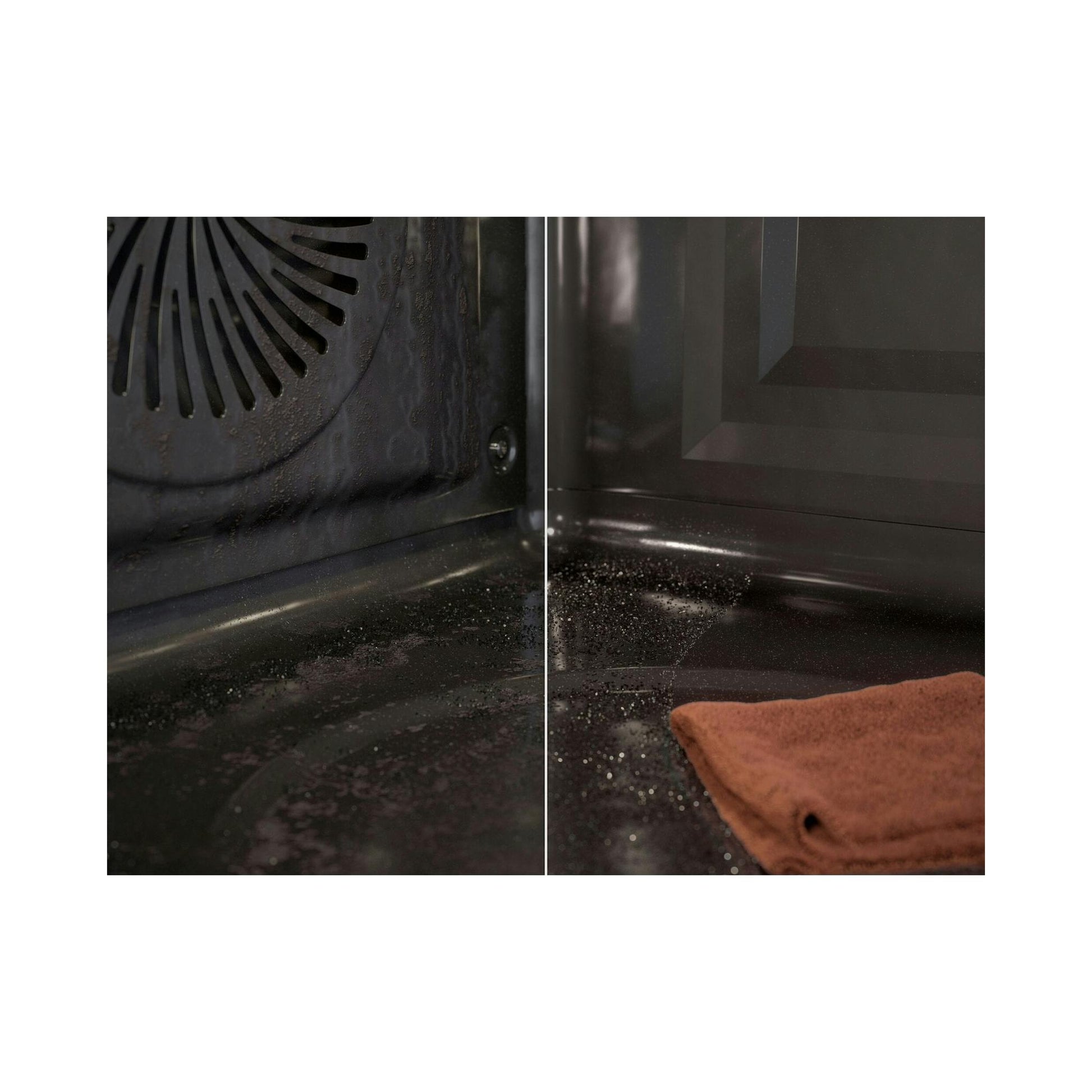 Interior de horno AEG TU5PB41ZPB negro, vista de detalle con suciedad y un paño.
