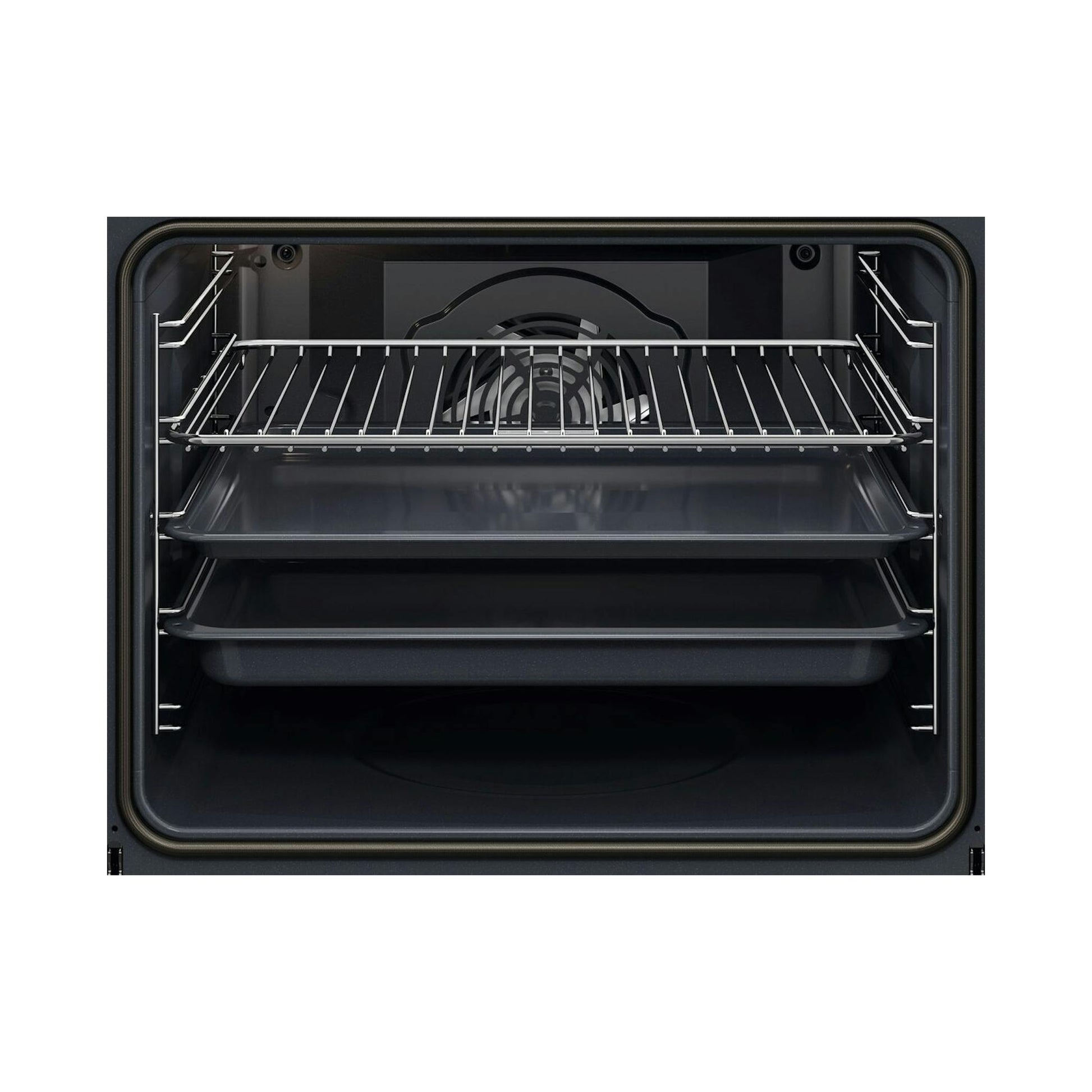 Interior de horno AEG, vista frontal, color negro, con rejilla y bandejas