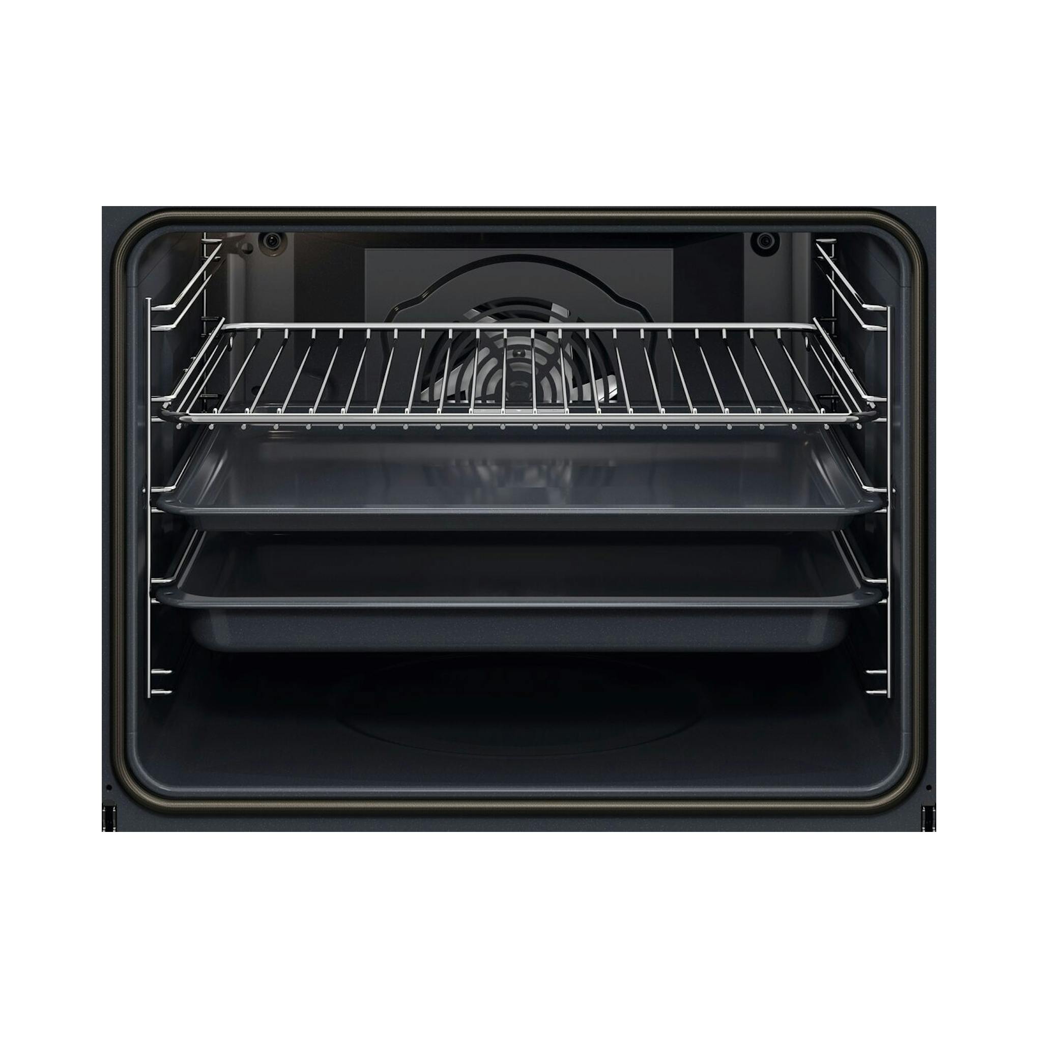 Interior de horno AEG, vista frontal, color negro, con rejilla y bandejas