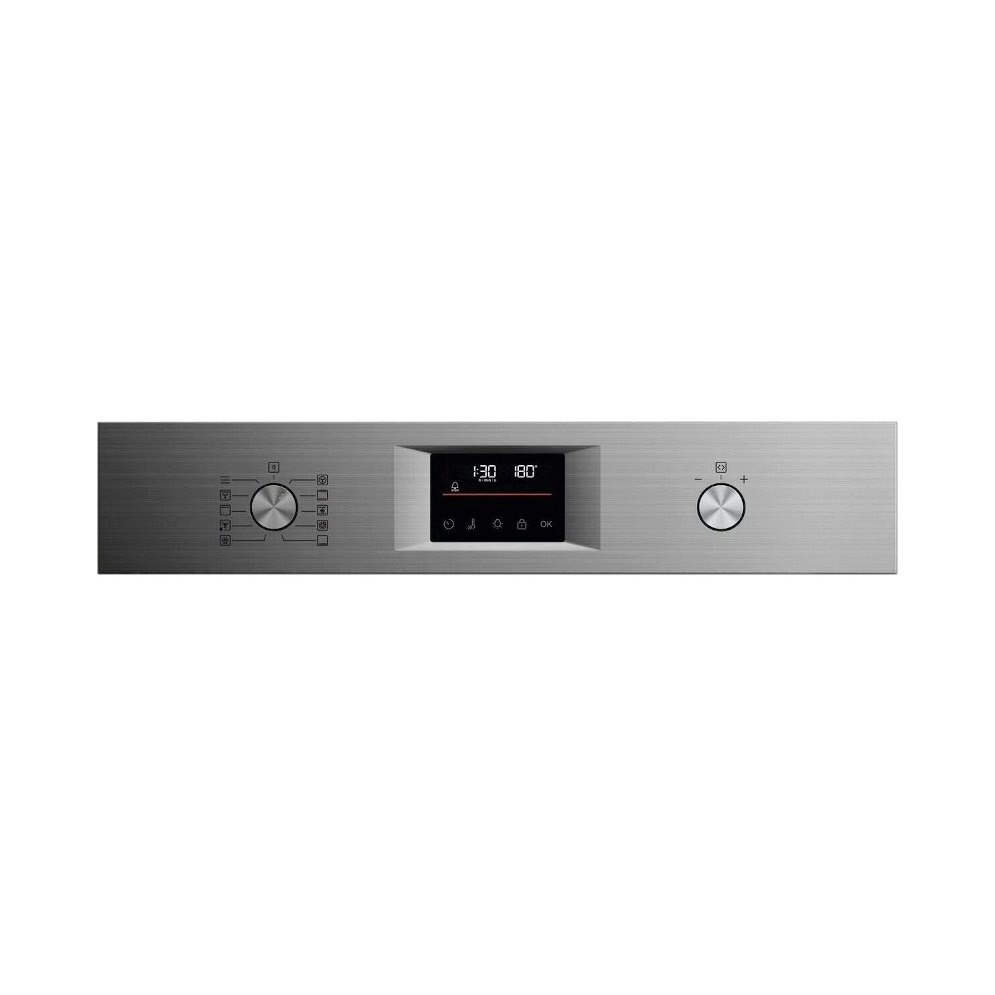 Horno multifunción AEG TU5PB43SM, vista frontal del panel inox con dos mandos y pantalla central.