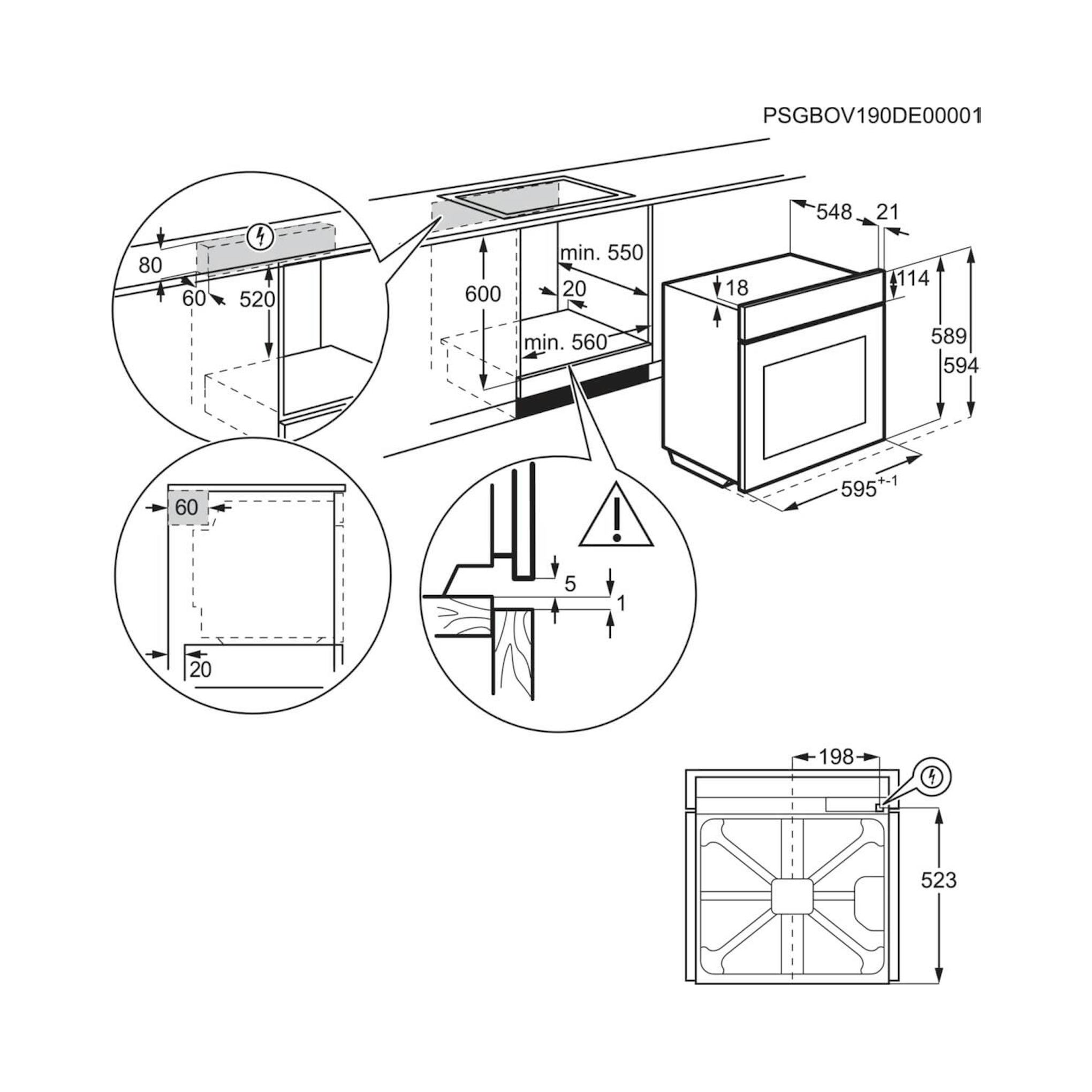 Esquema técnico de instalación del horno AEG TU5PB43SM, con vistas frontal y superior y medidas.