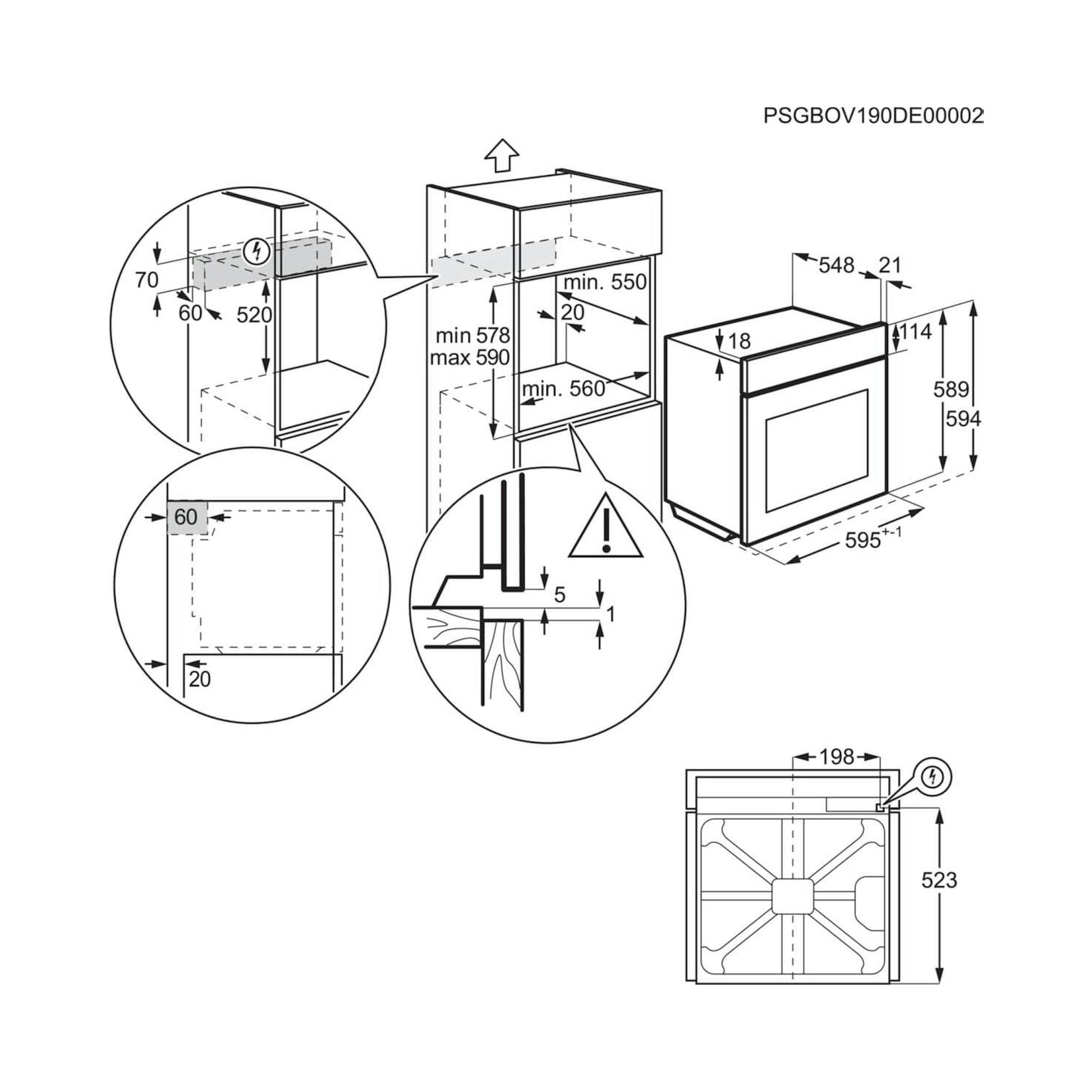 Diagrama técnico del horno AEG TU5PB43SM con medidas e instrucciones de instalación, vista frontal y lateral.