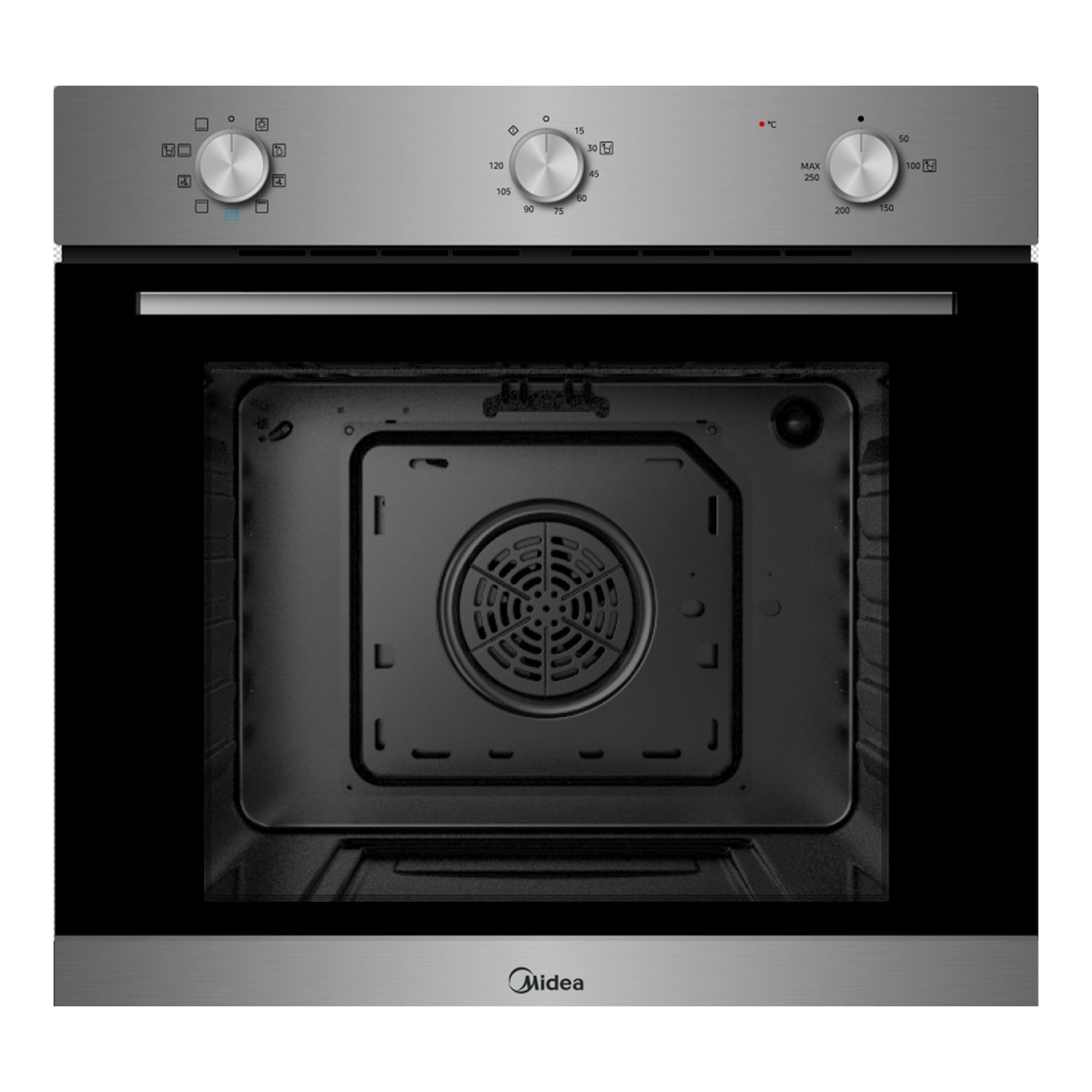 Horno multifunción Midea MBOG2-M5M80, frontal en acero inoxidable con tres mandos y puerta negra abierta.