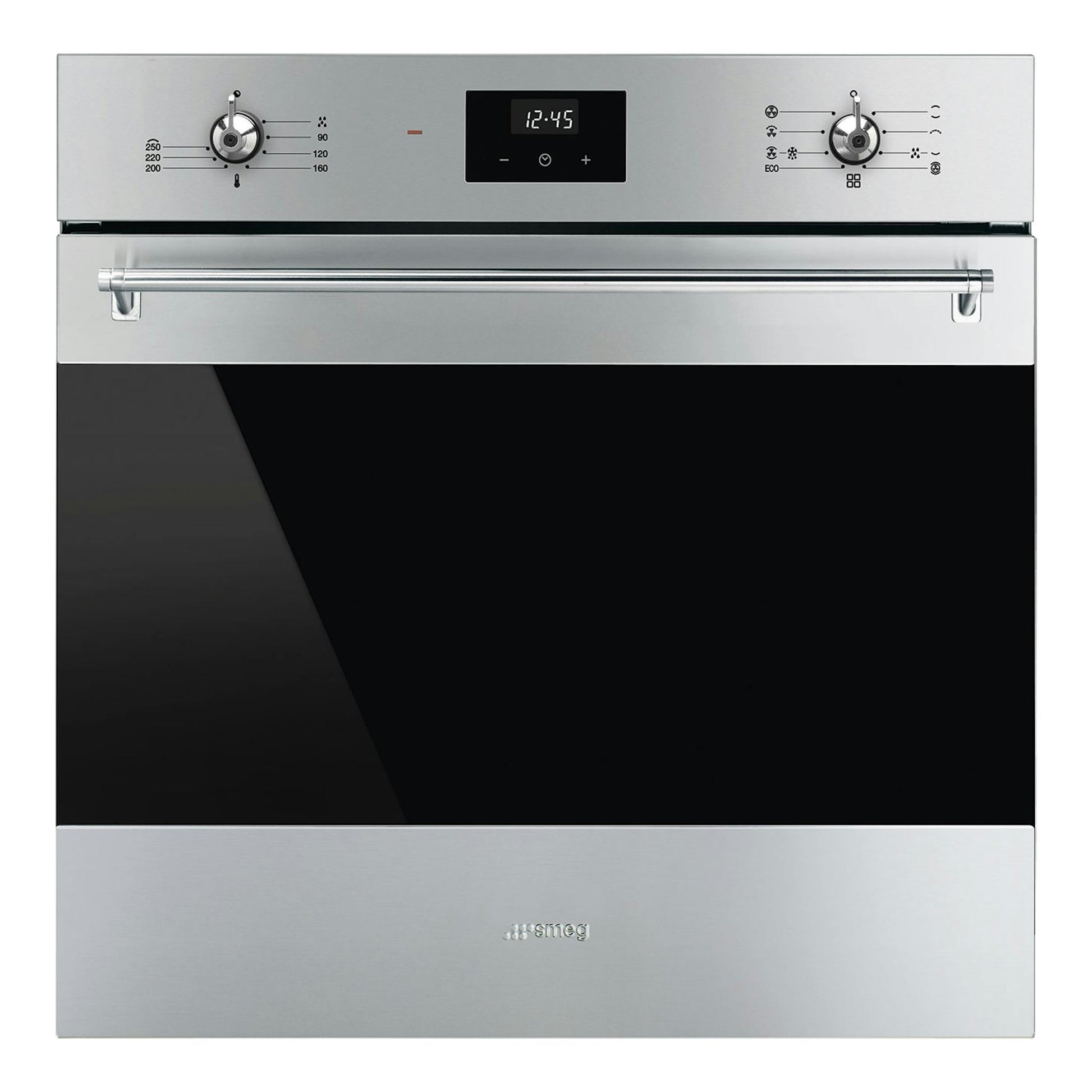 Horno integrable Smeg SF6300TVX de inox, vista frontal, con puerta negra y panel con mandos.