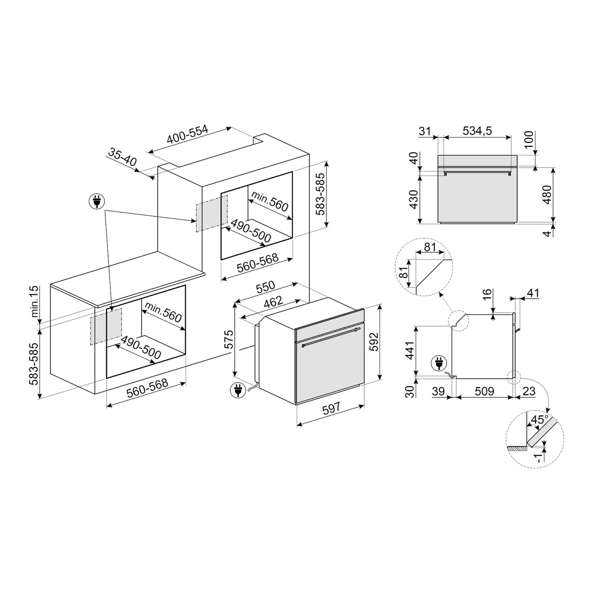 Plano técnico de horno integrable Smeg SF6300TVX en inox, con vistas frontal y lateral y medidas de instalación.