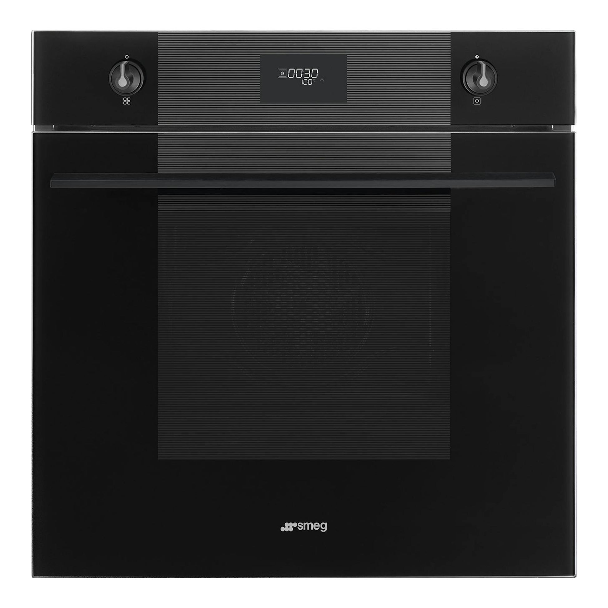 Horno empotrable Smeg SFP6101TB3 negro, vista frontal, con dos mandos y pantalla digital superior.