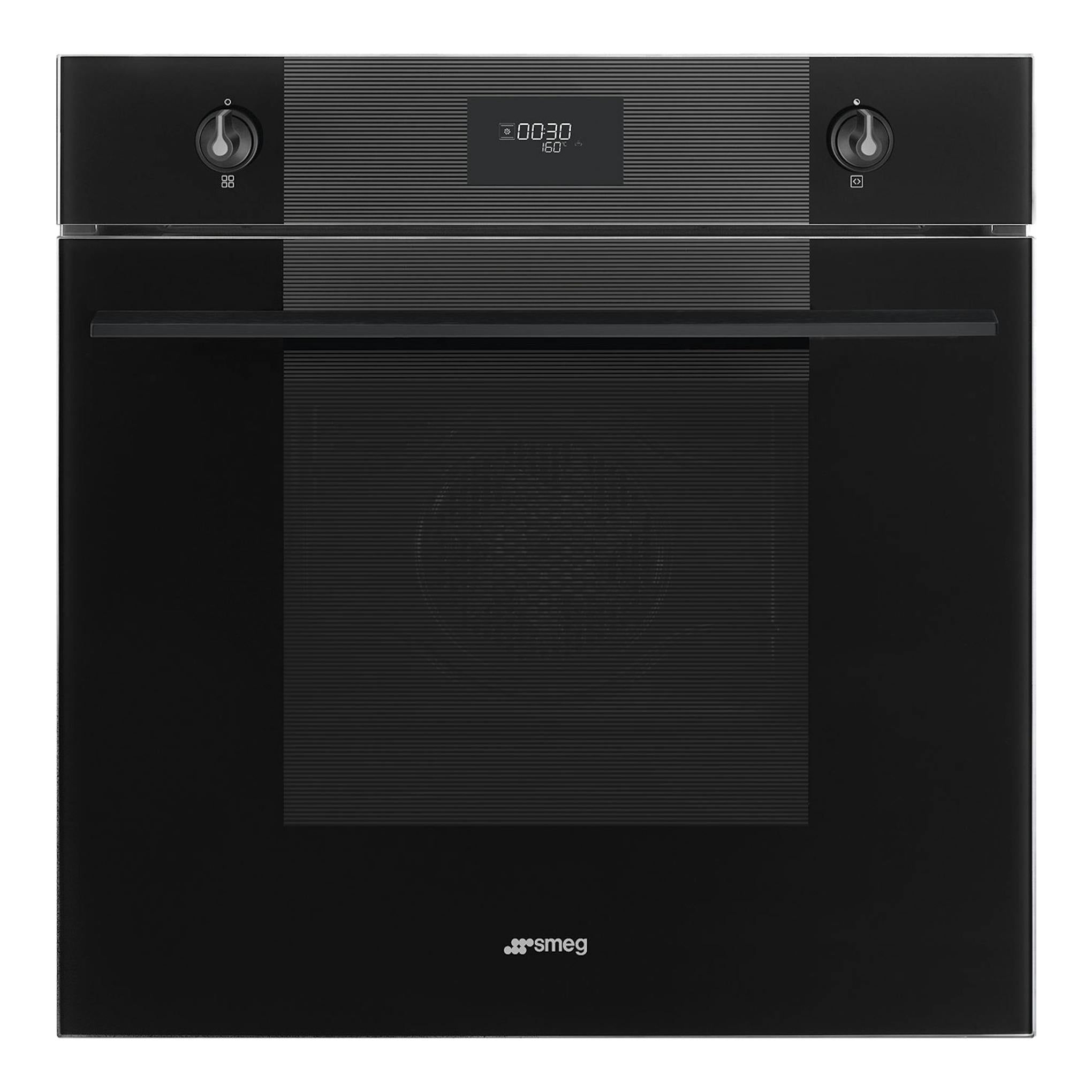 Horno empotrable Smeg SFP6101TB3 negro, vista frontal, con dos mandos y pantalla digital superior.