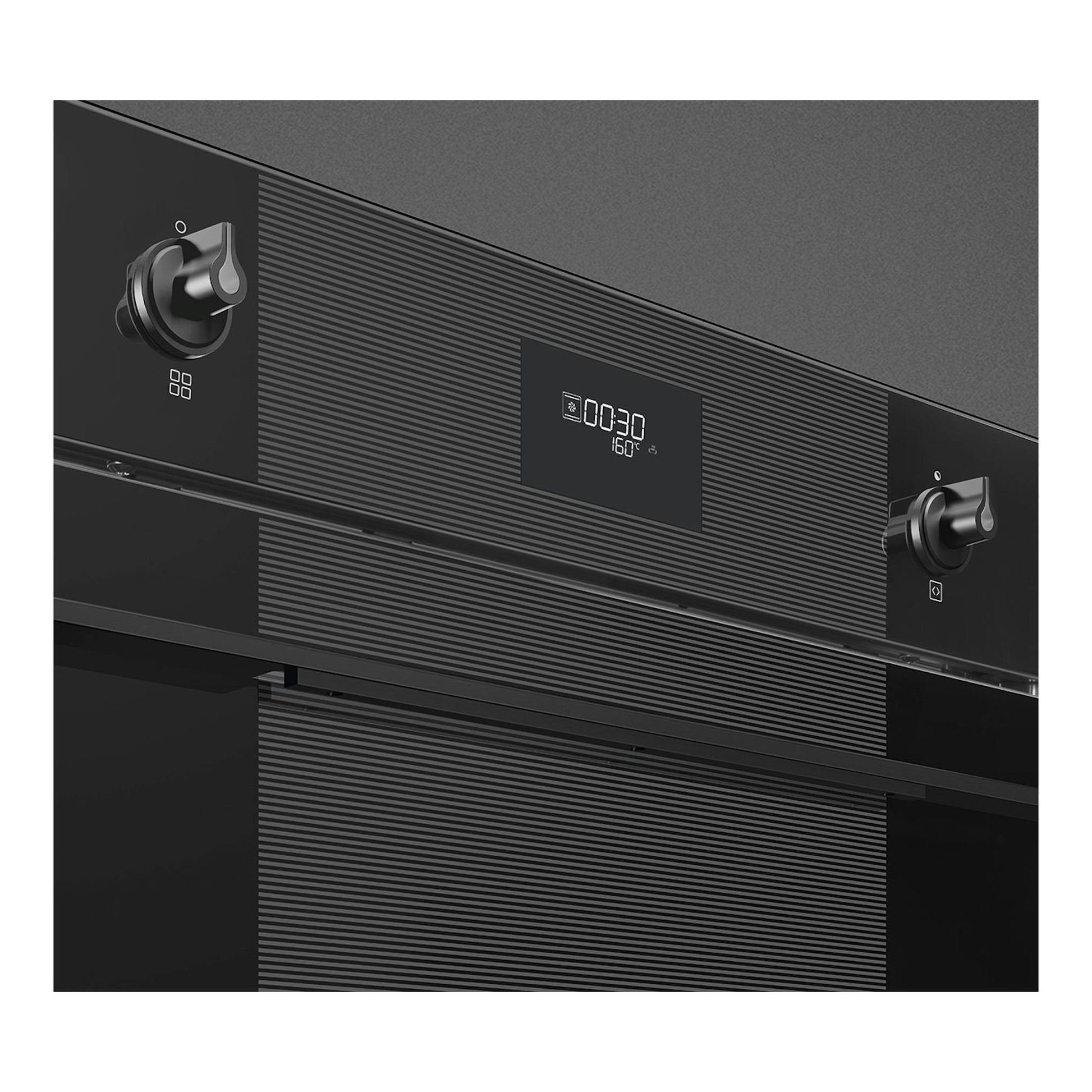 Horno Smeg SFP6101TB3 negro, vista frontal en primer plano, con dos mandos y pantalla digital.