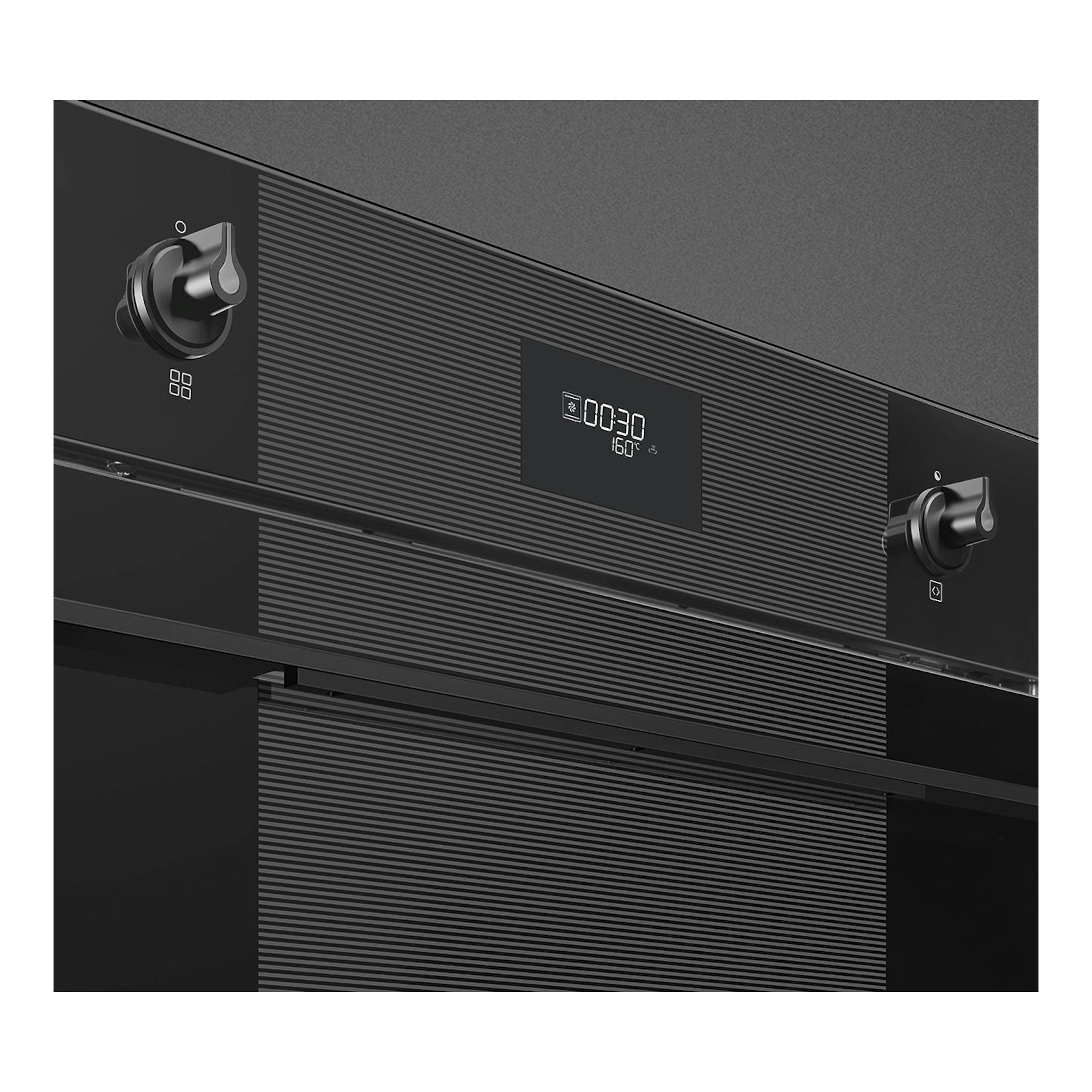 Horno Smeg SFP6101TB3 negro, vista frontal en primer plano, con dos mandos y pantalla digital.