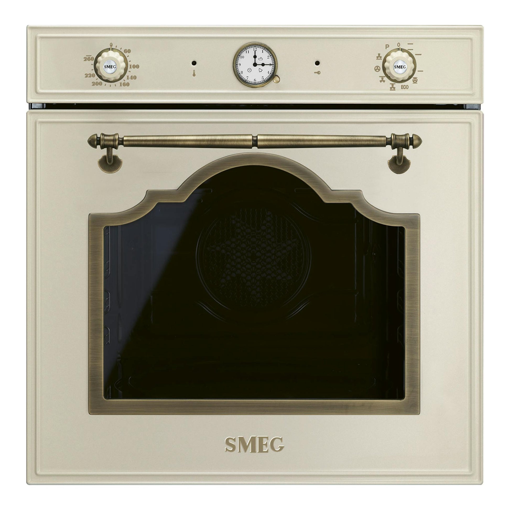 Horno Smeg SFP67C1TPO crema, vista frontal, con puerta de cristal, mandos y reloj analógico.